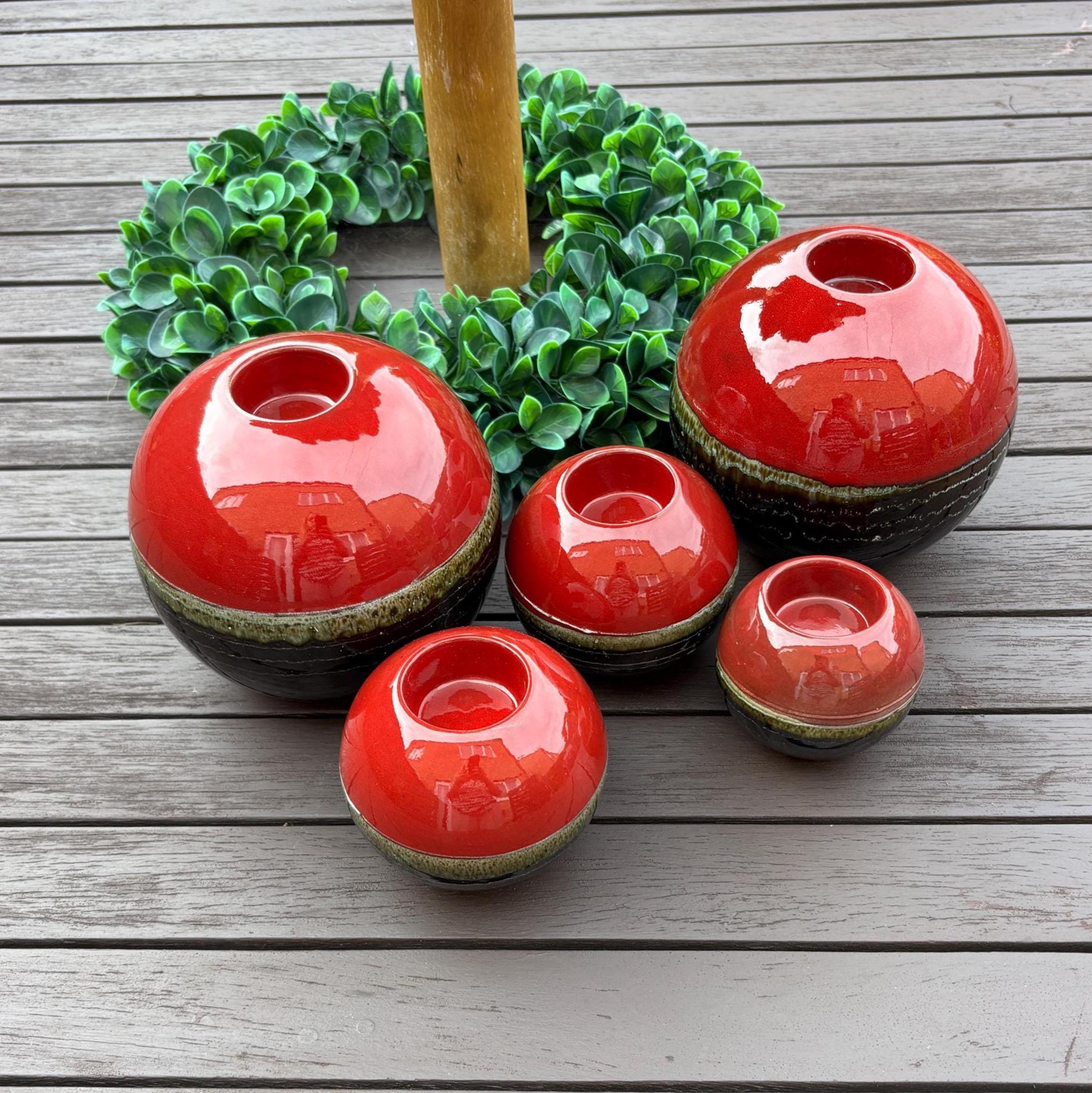 Vintage Portuguese Ceramic Candle Burners Set of 5 Red Black Glazed Tea-light Holders