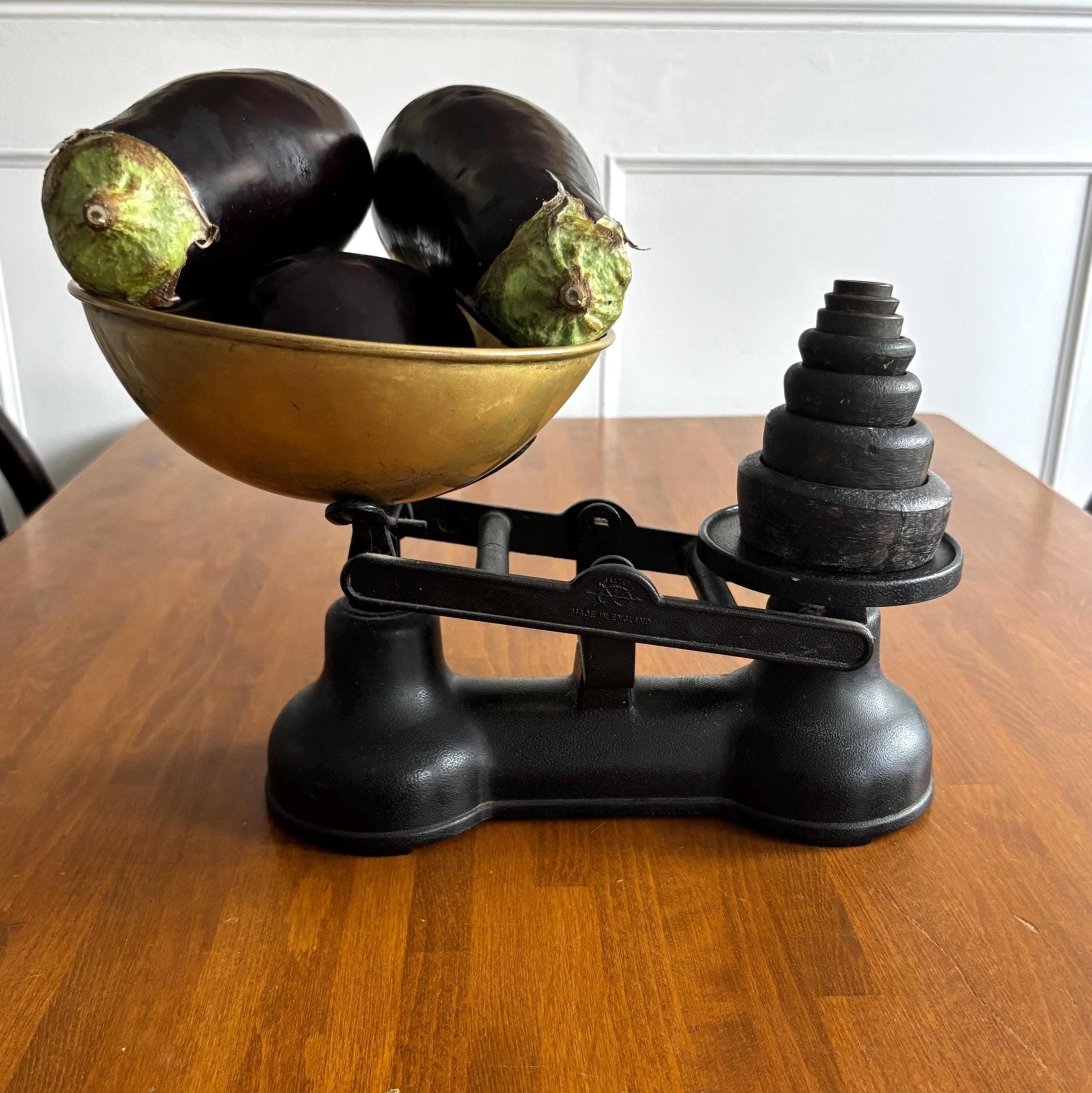 Vintage Salter Staffordshire Kitchen Scales with Brass Bowl & Weights