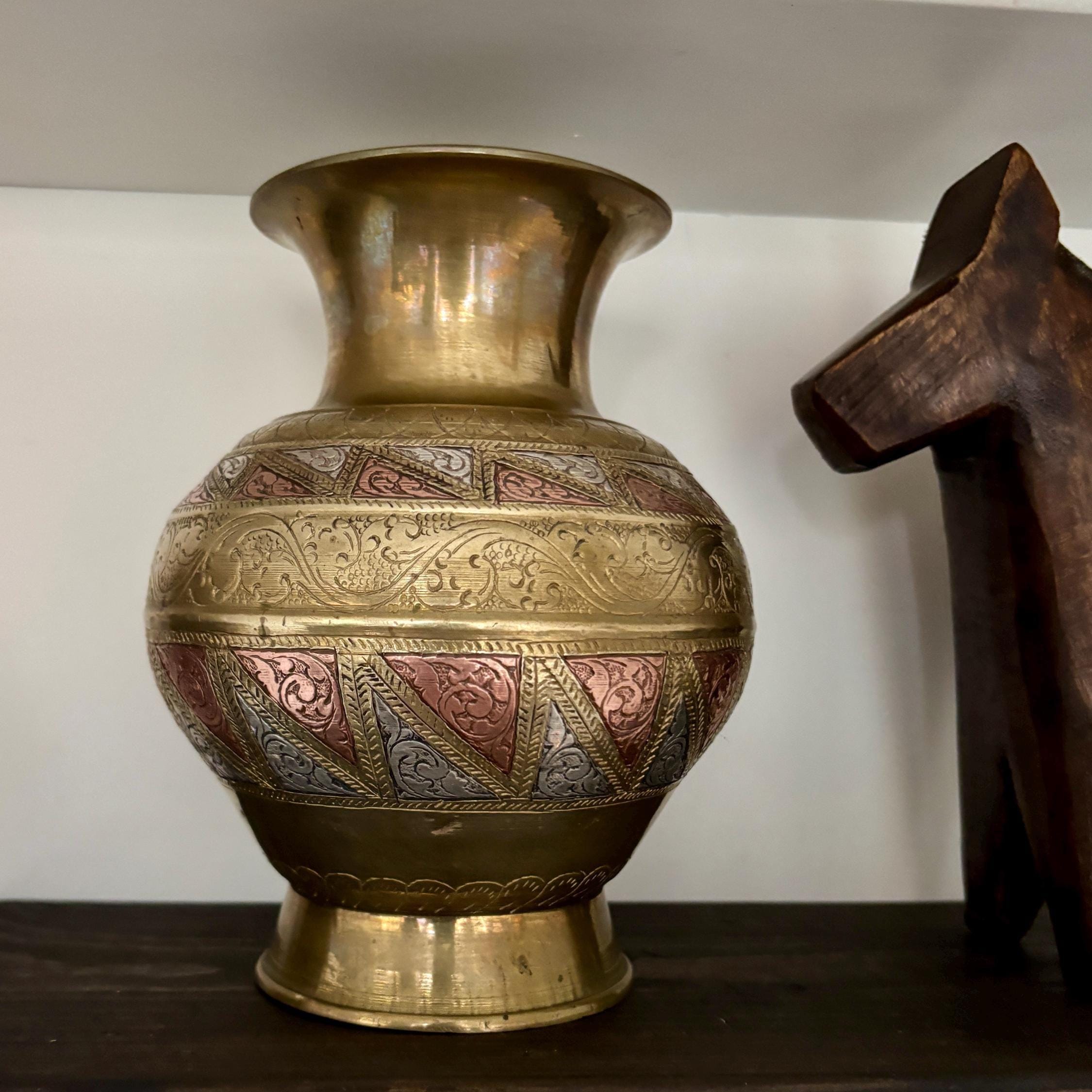 Vintage Indian Solid Brass Vase | Hand-Engraved Copper & White Metal Inlay