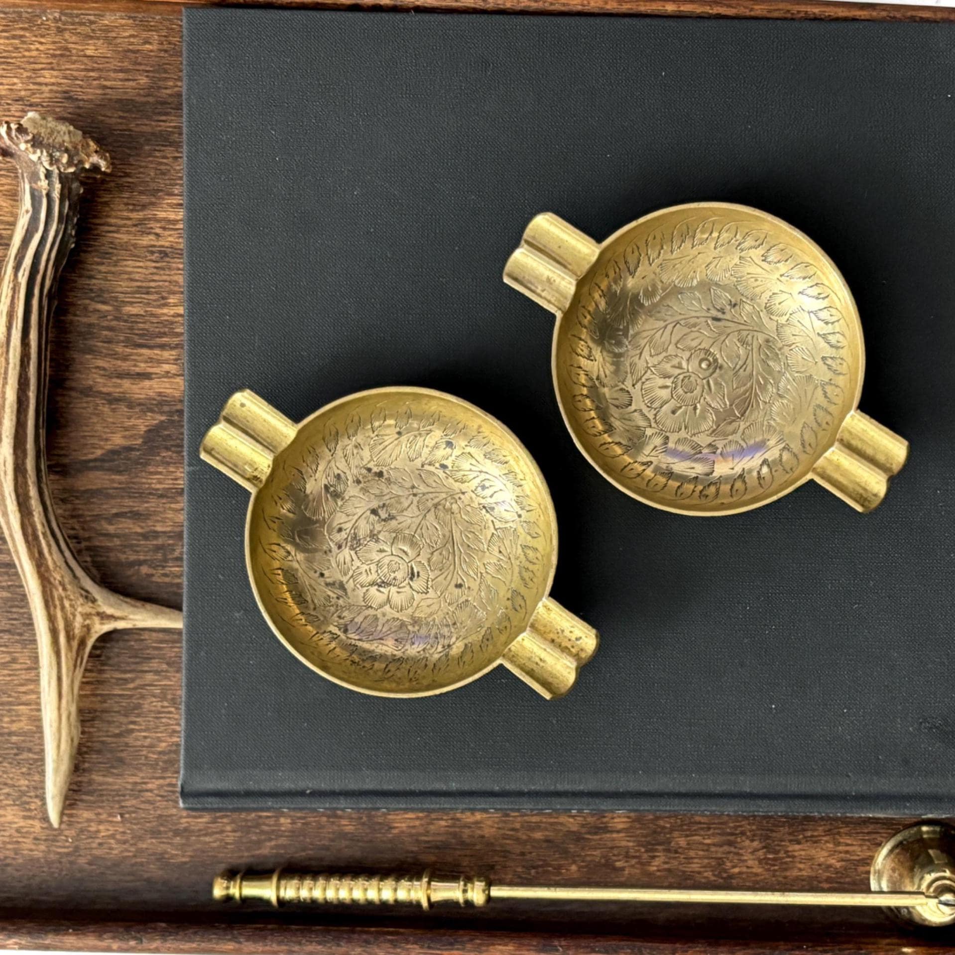 Vintage Hand Etched Brass Ashtray Pair: Indian Floral Ring Dish