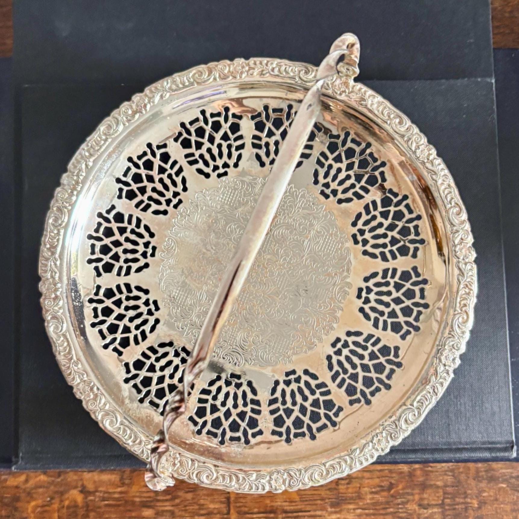 Vintage Silver Plated Pierced Basket Tray with Swing Handle