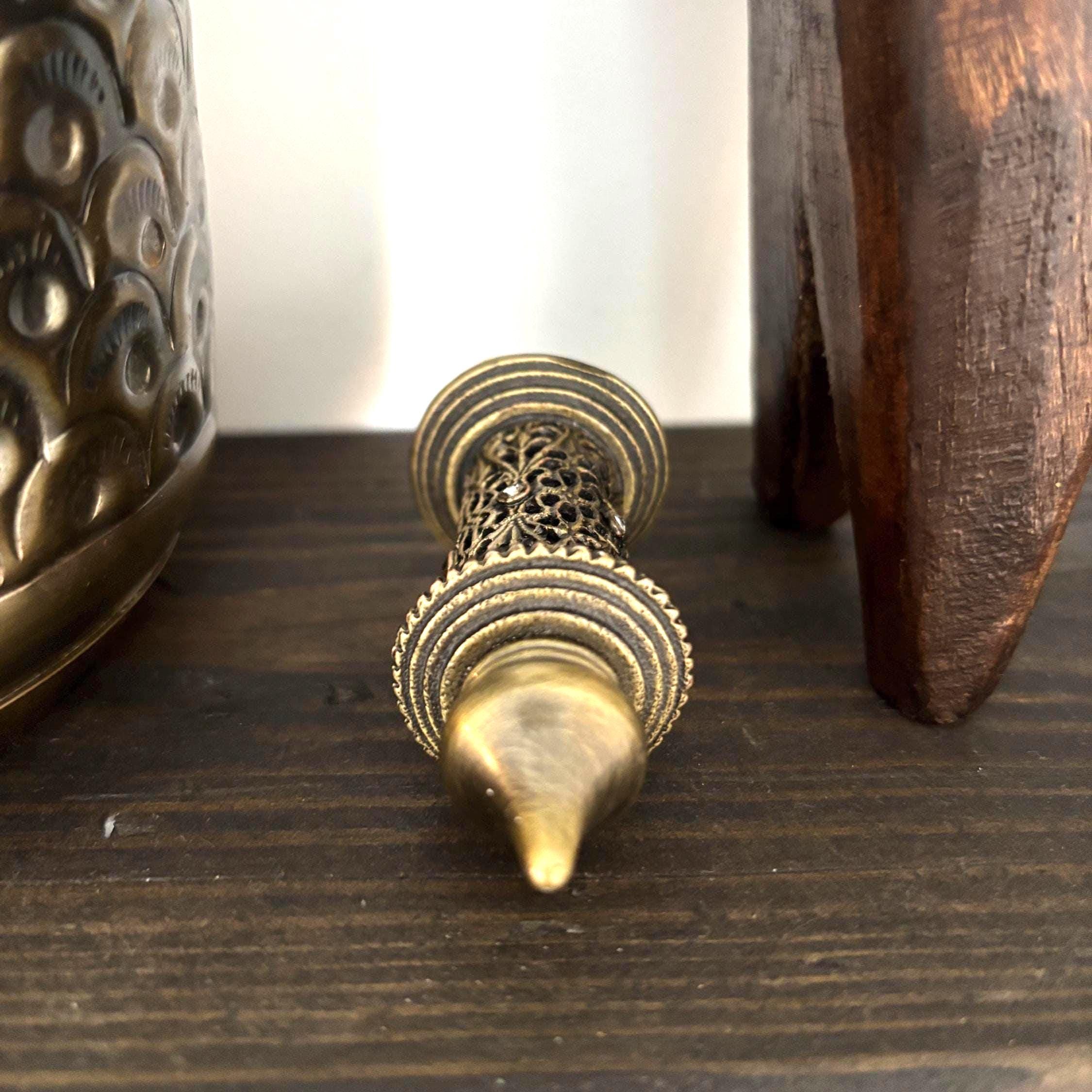 Indian Mini Attar Perfume Bottle Filigree Brass Tone Dabber Wand Rhinestones