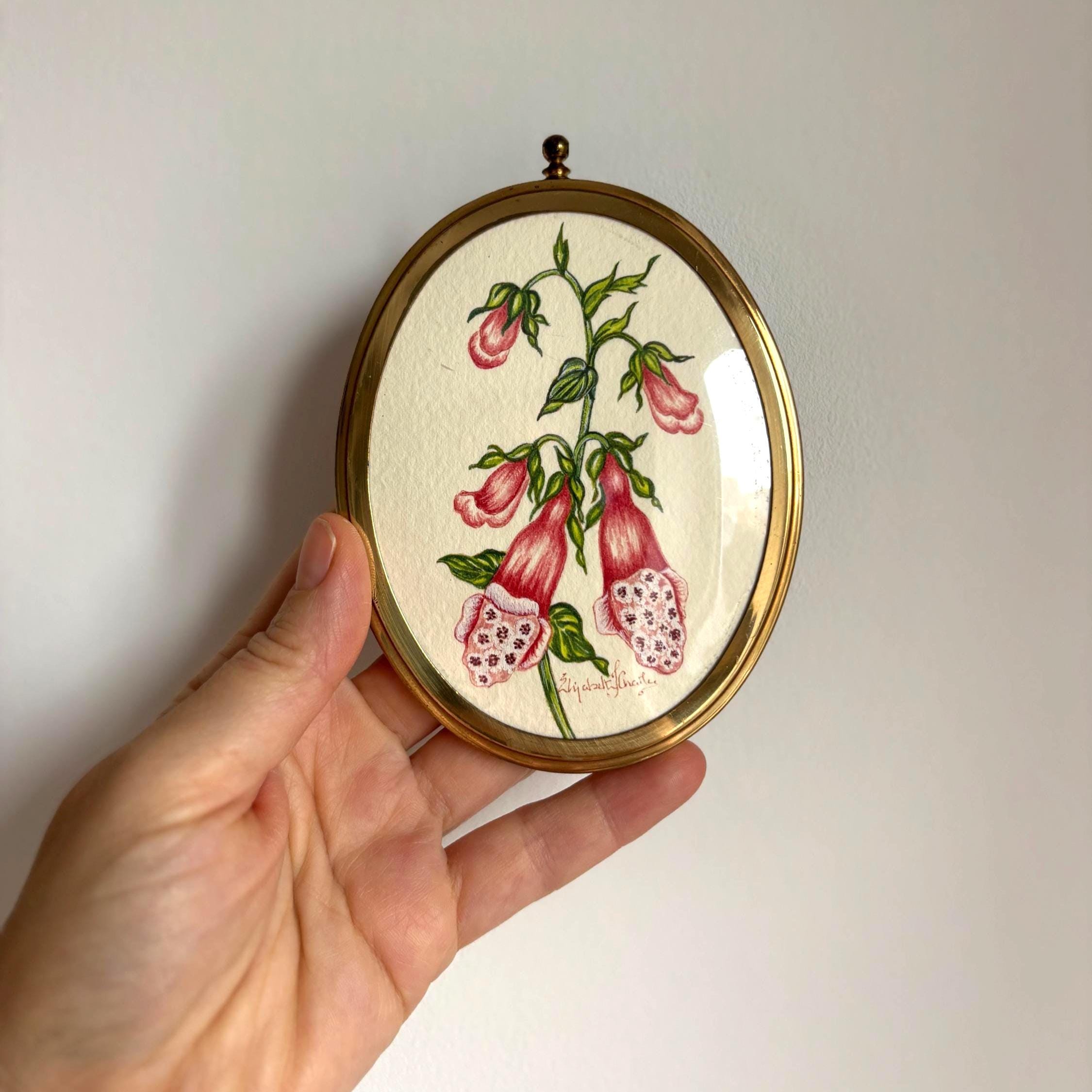 Miniature Foxglove Botanical Watercolour | Signed | Brass Tone Oval Frame