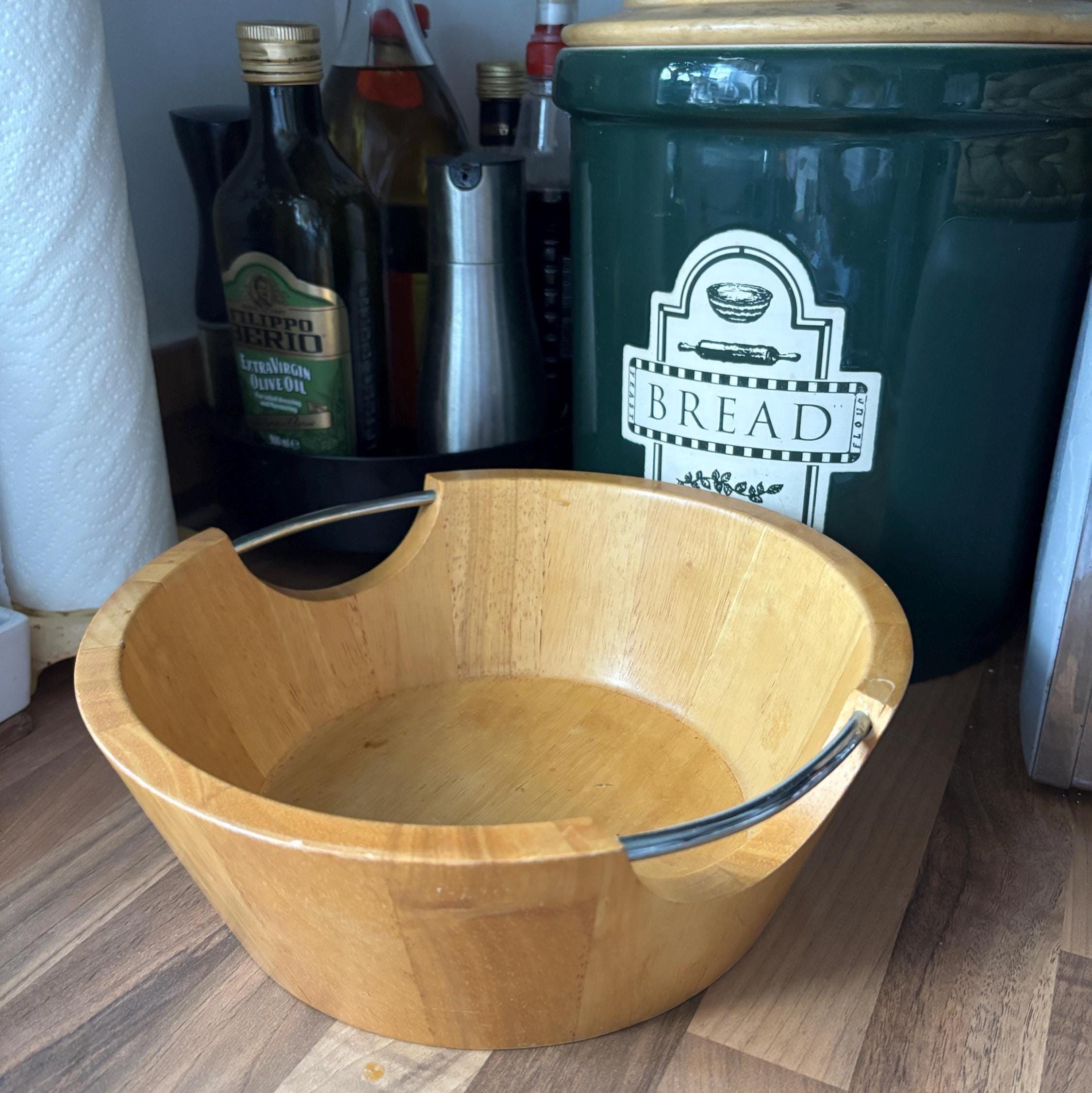 Vintage Wooden Salad Bowl with Chrome Handles | Mid Century Modern Serving Bowl