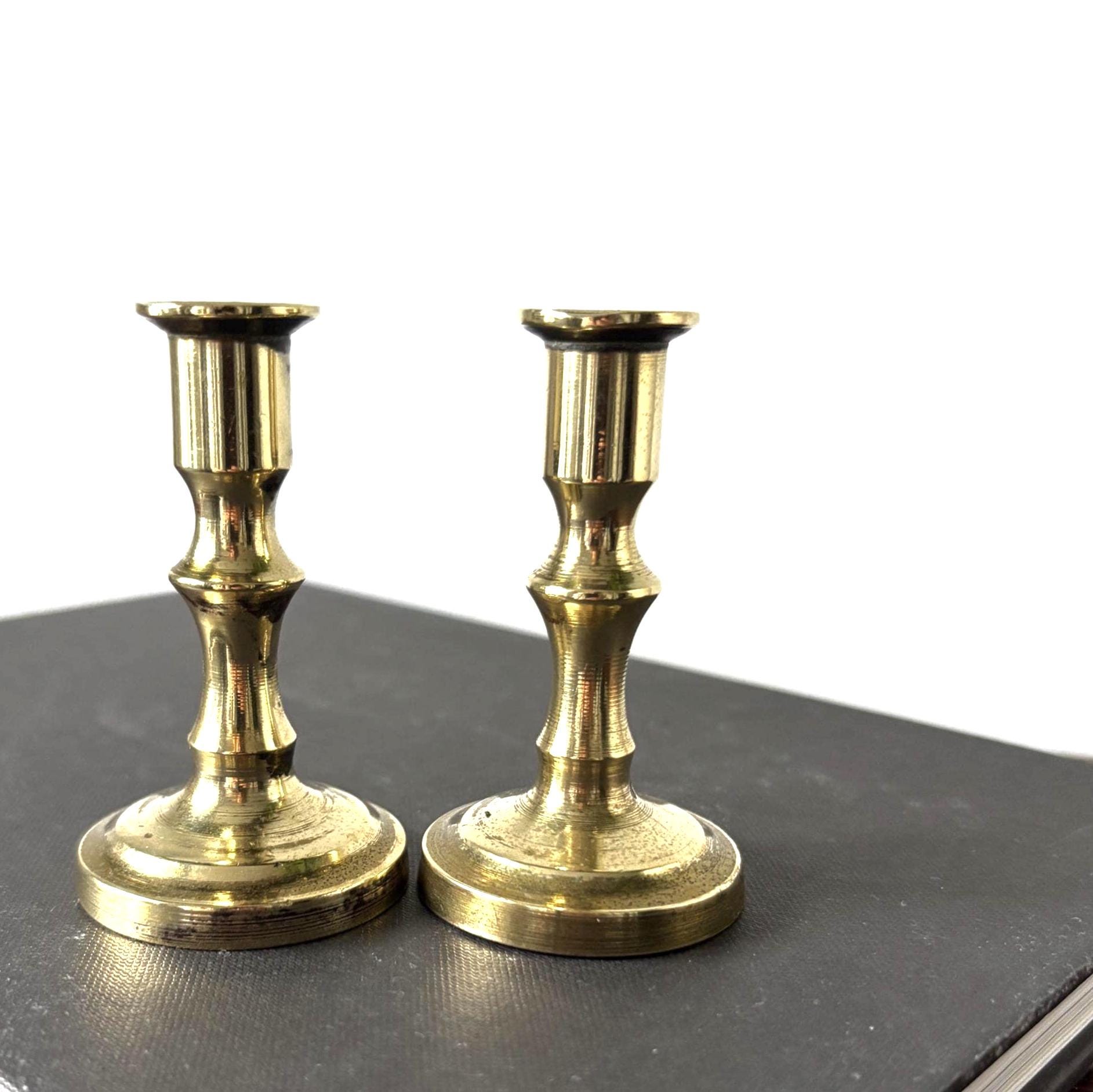 Pair Miniature Brass Candlesticks 7.5cm Small Taper Candle Holders Vintage Decor