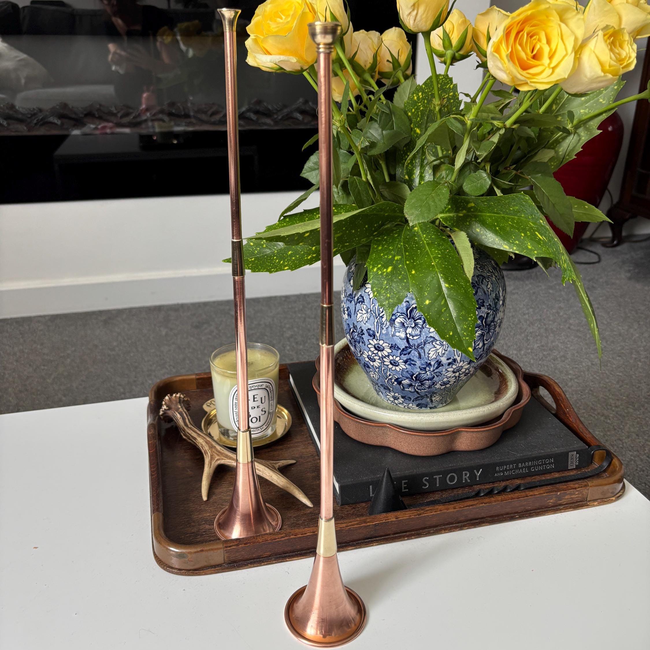 Vintage Copper & Brass Hunting Horn Wall Décor Pair 43cm Scandinavian Style