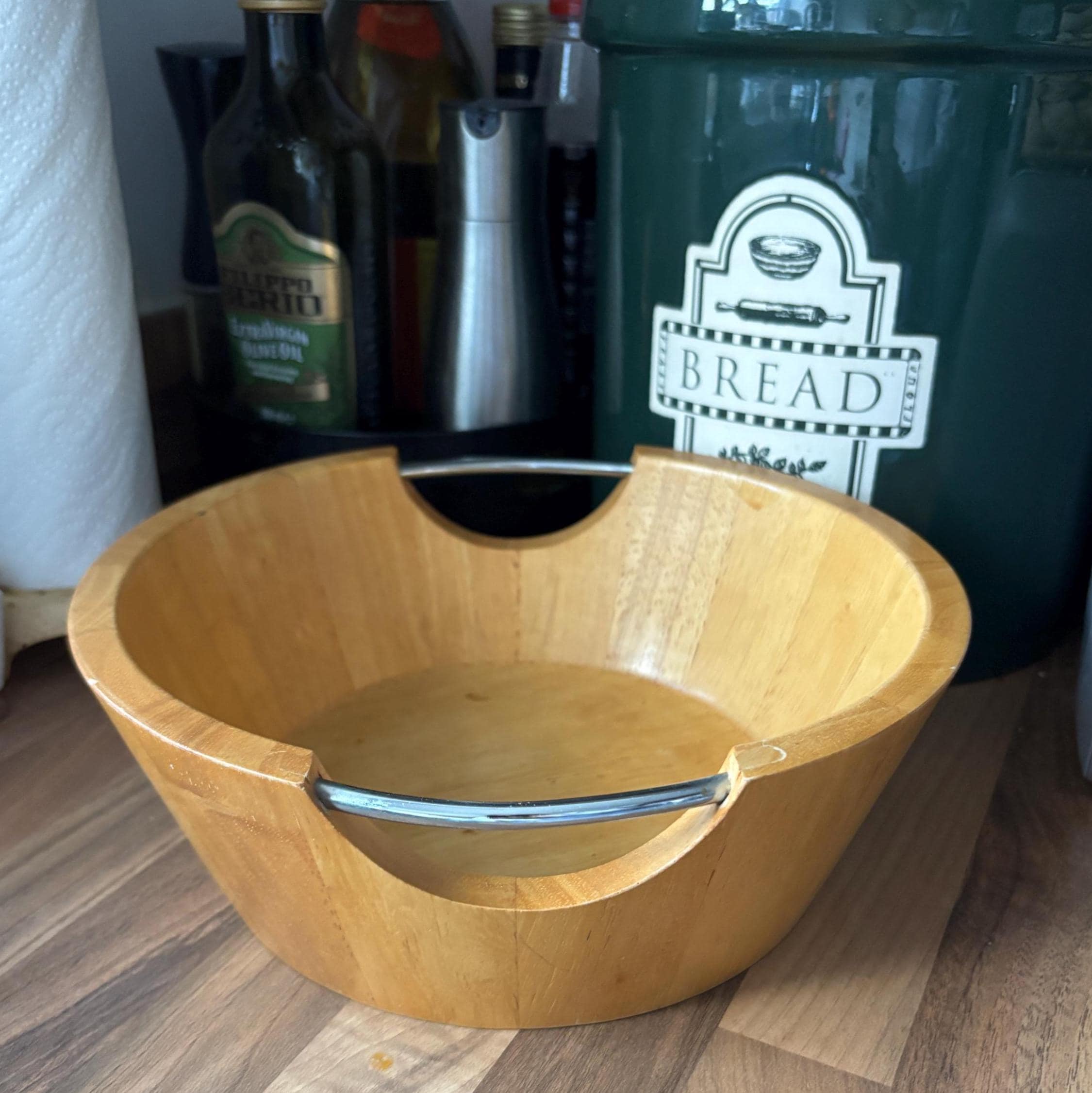 Vintage Wooden Salad Bowl with Chrome Handles | Mid Century Modern Serving Bowl