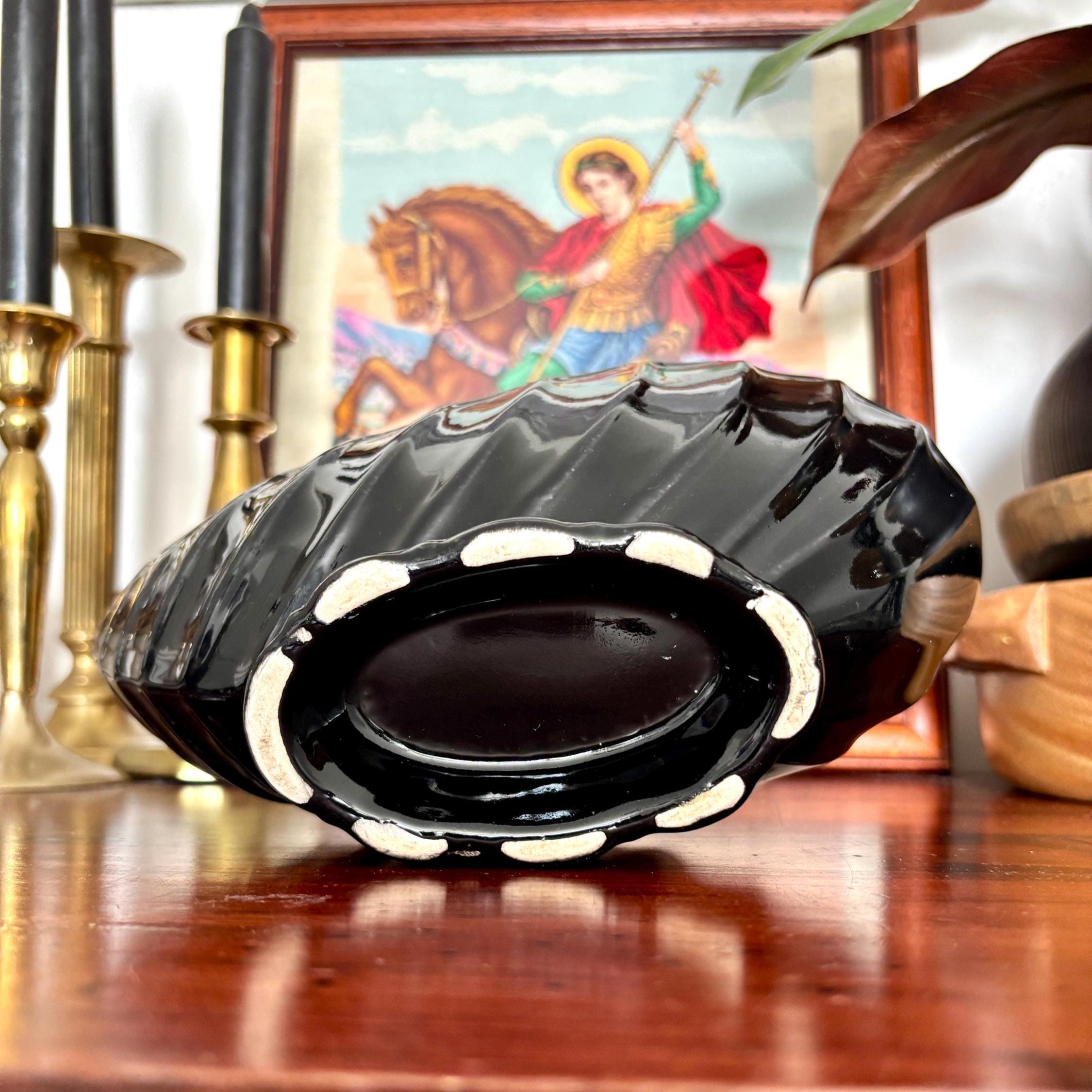Vintage Black Ceramic Shell Vase: Mid-Century Modern Coastal Decor