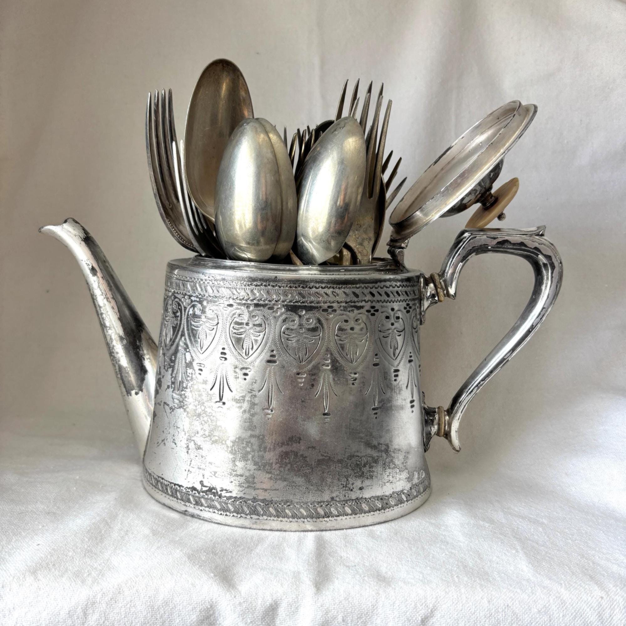 Vintage Silver Plated Teapot: Victorian Engraved Design, Bone Finial