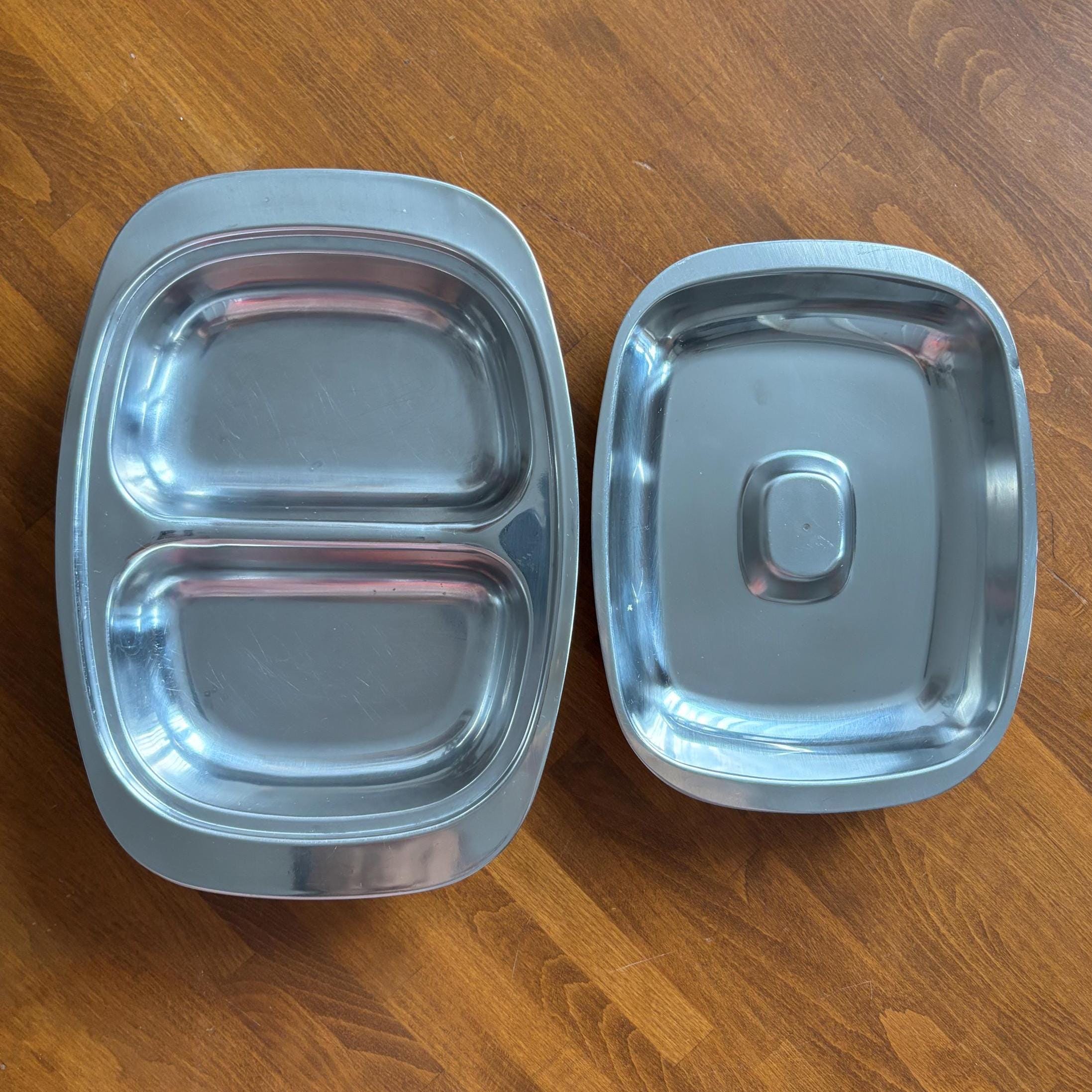 Vintage Stainless Steel Lidded Divided Serving Dish, Hong Kong, 2 Compartment Buffet Server