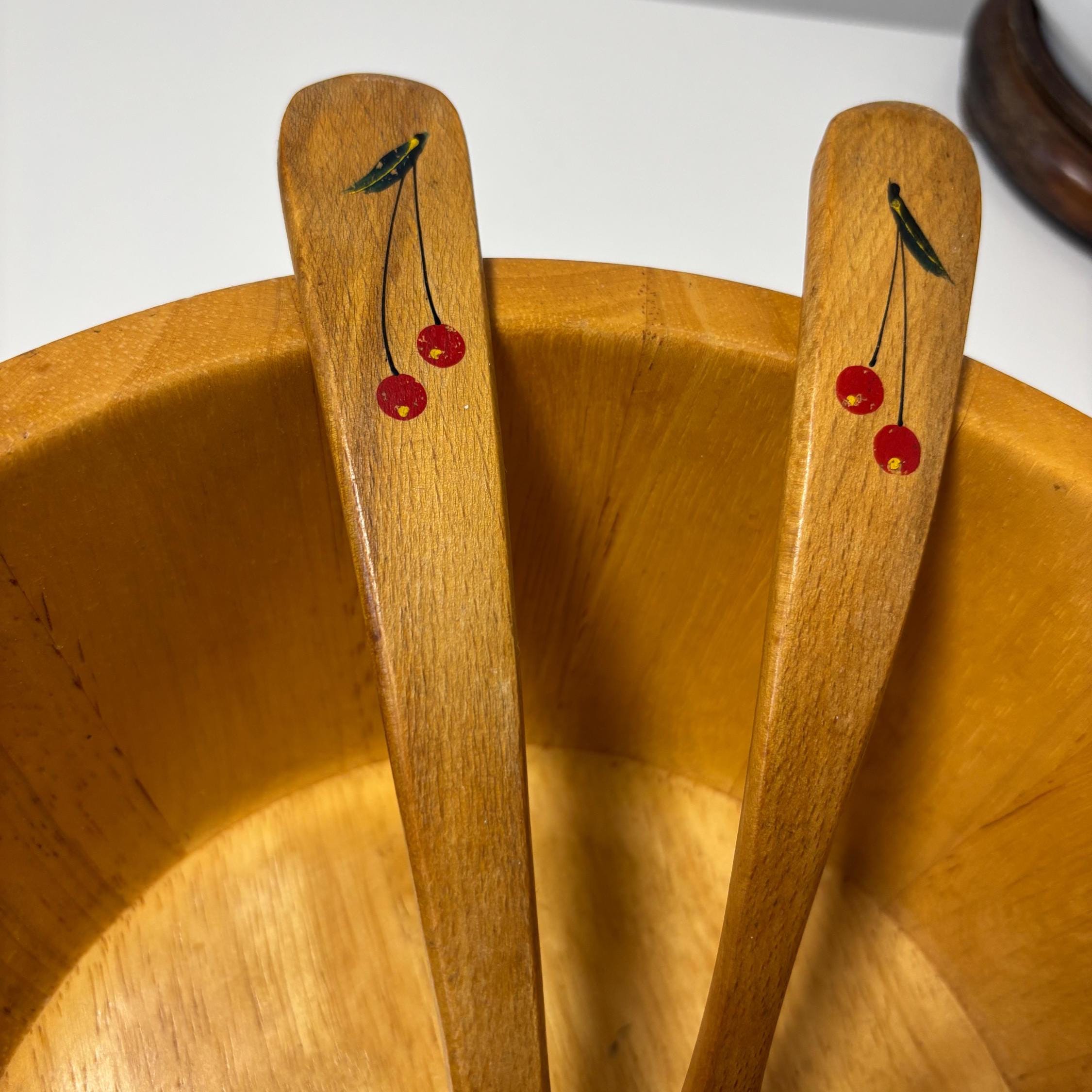 Vintage Wooden Salad Server Set Hand Painted Spoon Fork Kitchen Serving Utensils Pair Decor