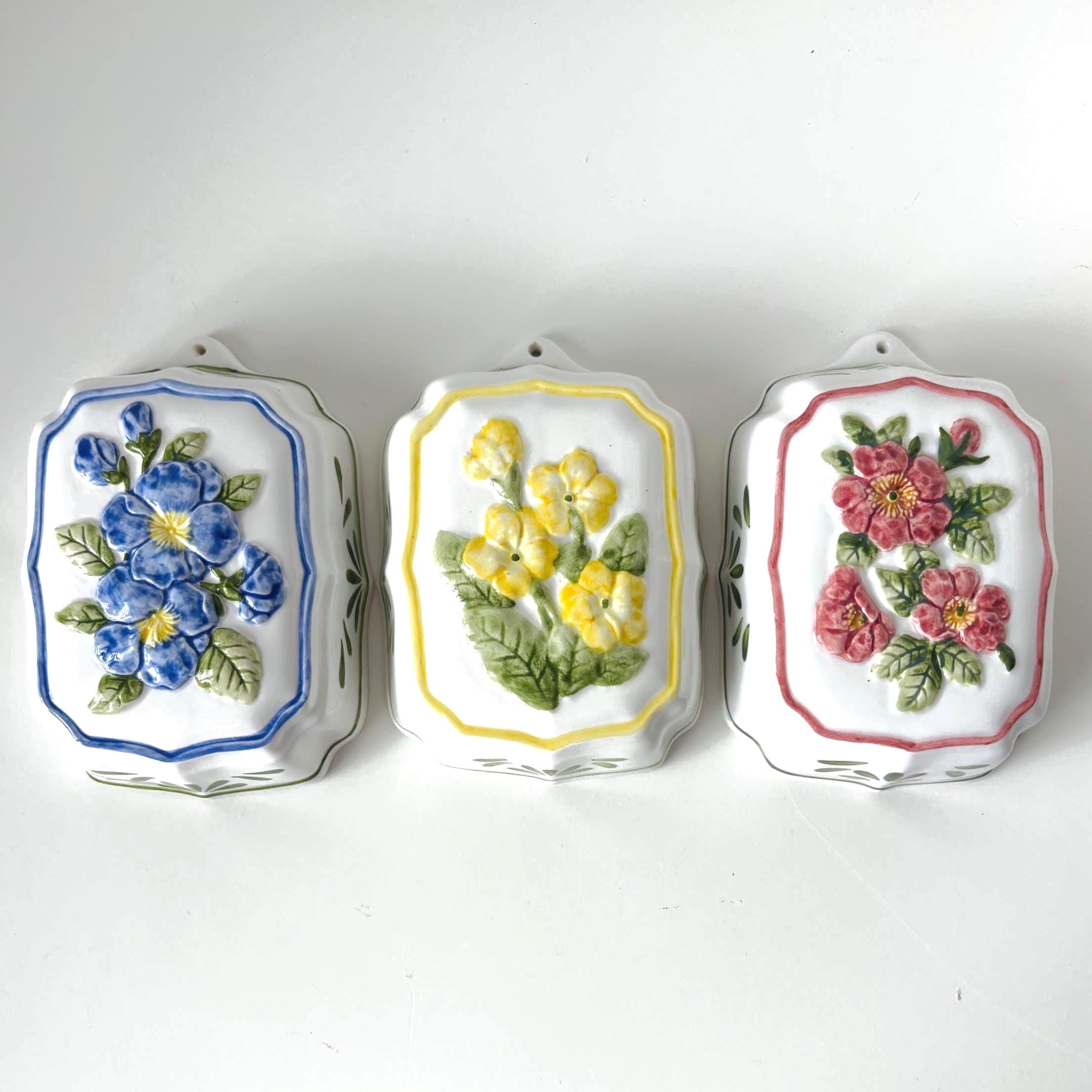 Vintage Floral Ceramic Jelly Moulds, Cottage Kitchen Wall Decor, Set of 3