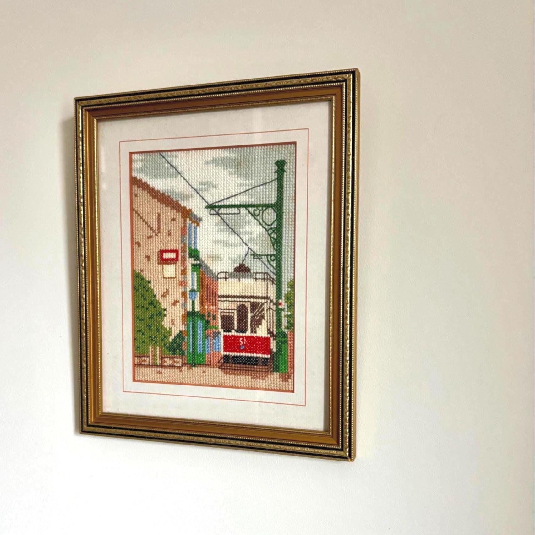 Vintage Framed Cross Stitch: Beamish Tram Embroidery Wall Art