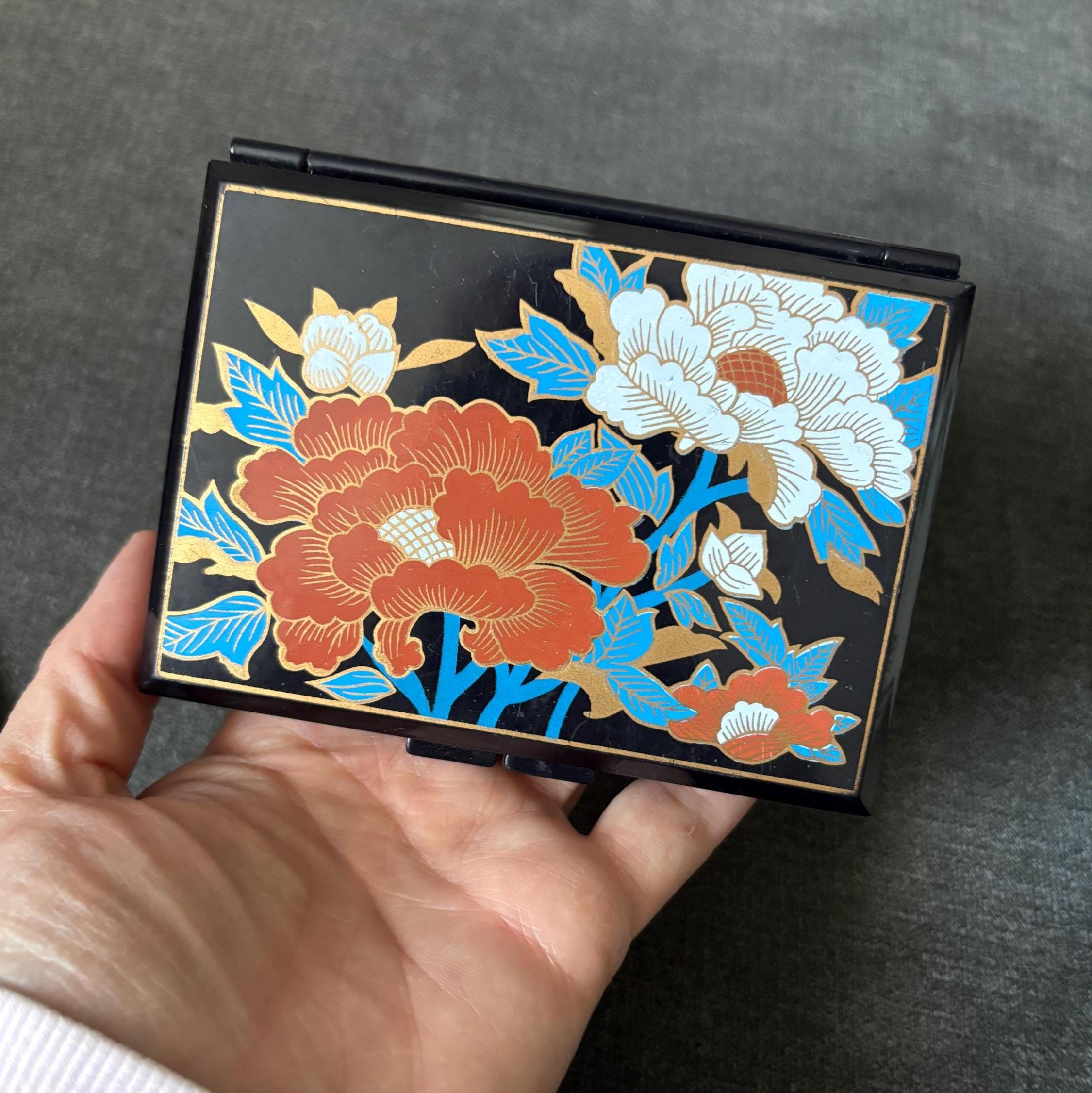 Vintage Floral Lacquer Style Compact Mirror Tissue Case Vanity Travel Accessory Gift