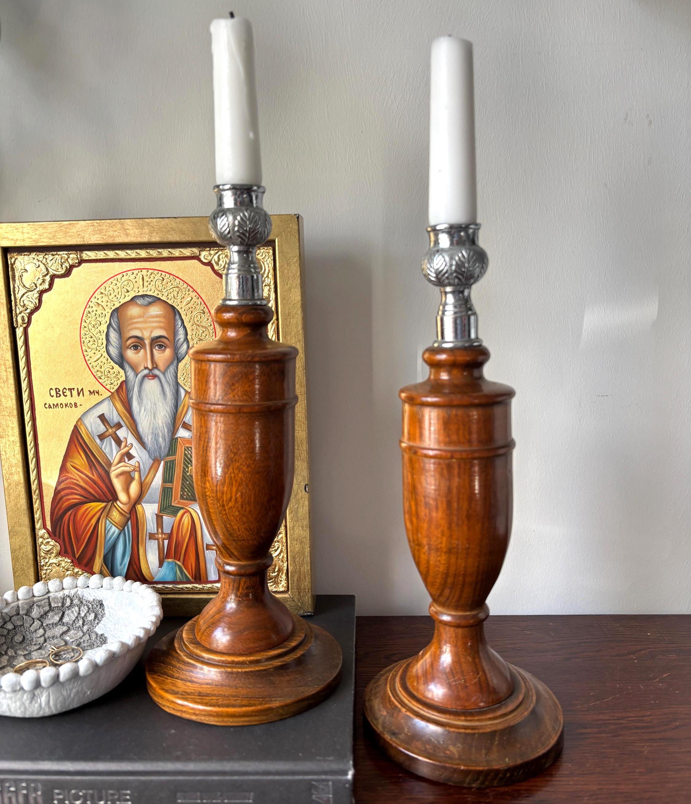 Vintage Wooden Candlesticks Pair, Turned Oak Candle Holders, Silver Tone Leaf Cups, Mantel Decor