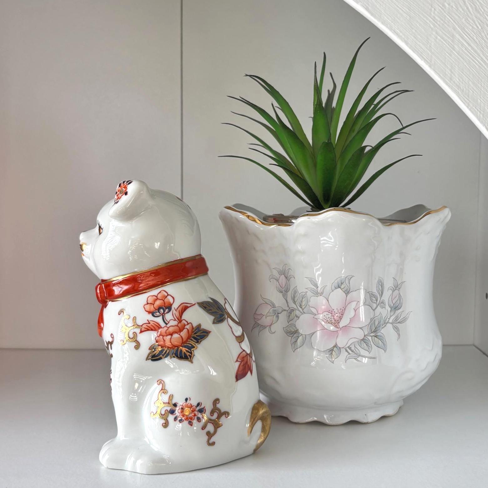 Imari Style Ceramic Dog Ornament | Vintage White Dog Figurine with Red Collar & Gilt Detail