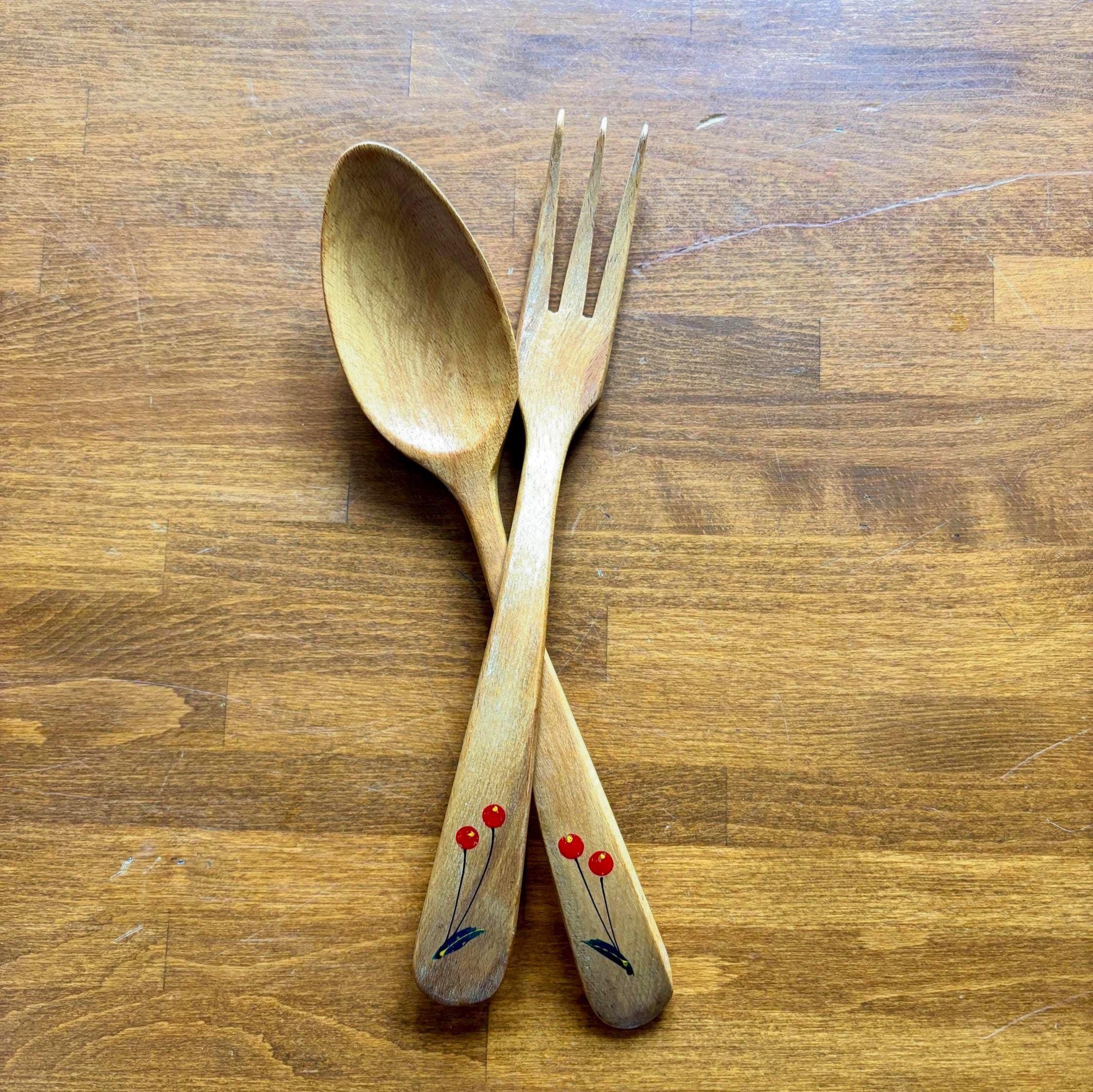 Vintage Wooden Salad Server Set Hand Painted Spoon Fork Kitchen Serving Utensils Pair Decor