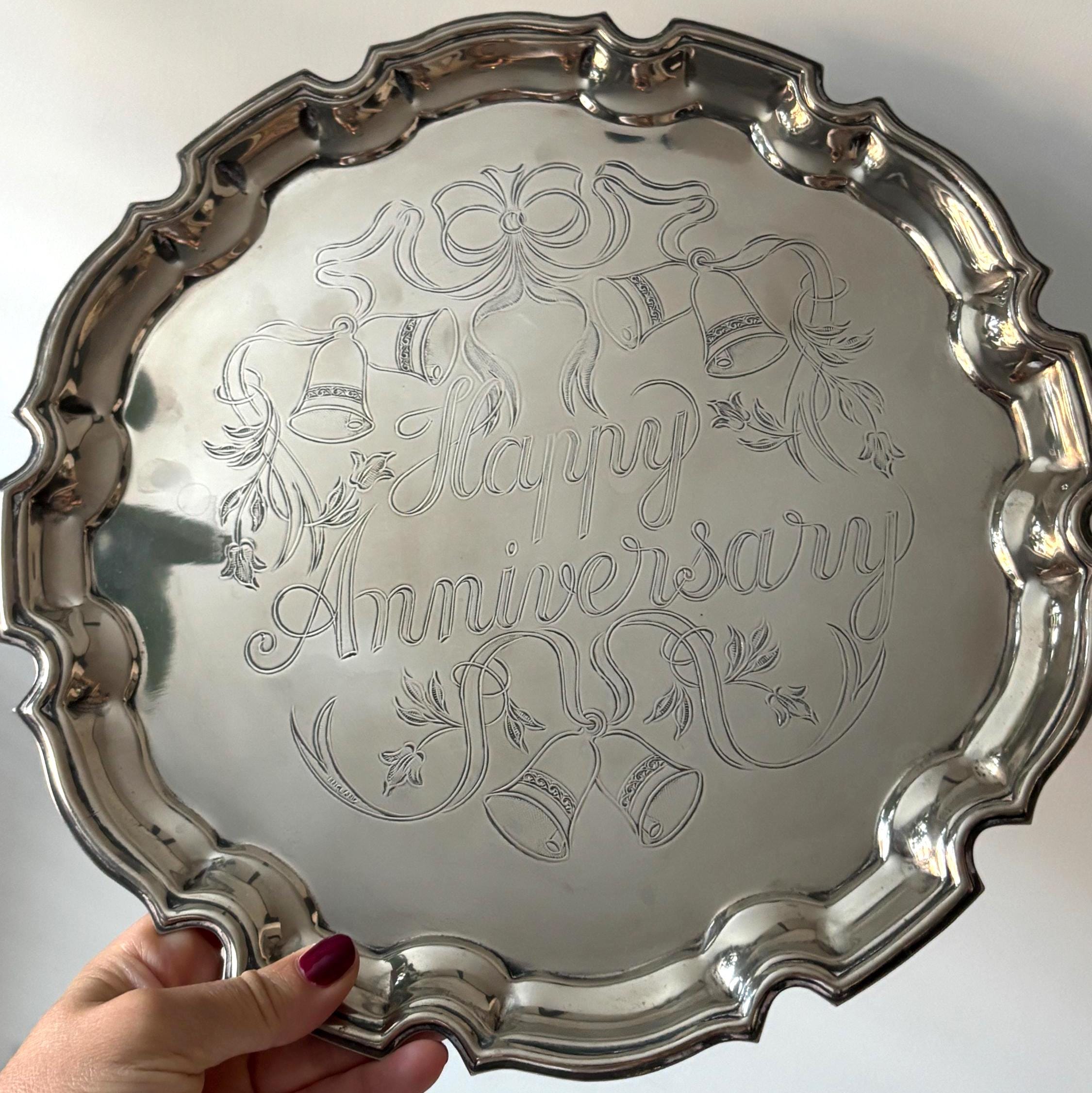 Vintage Cavalier Silver Plated Happy Anniversary Tray – Made in England – Decorative Wedding Bells Tray