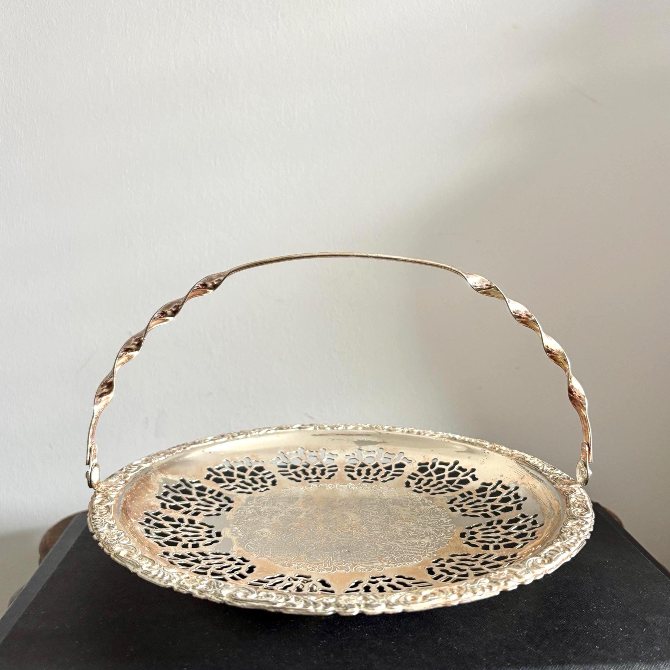 Vintage Silver Plated Pierced Basket Tray with Swing Handle