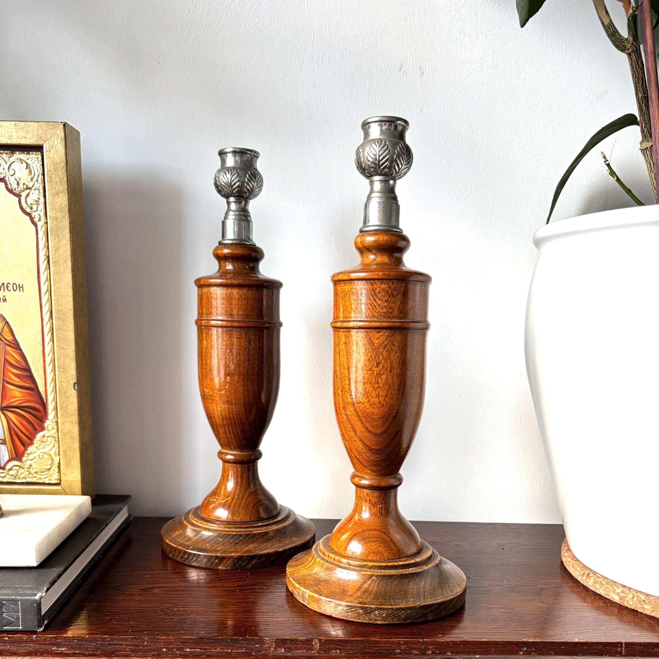Vintage Wooden Candlesticks Pair, Turned Oak Candle Holders, Silver Tone Leaf Cups, Mantel Decor