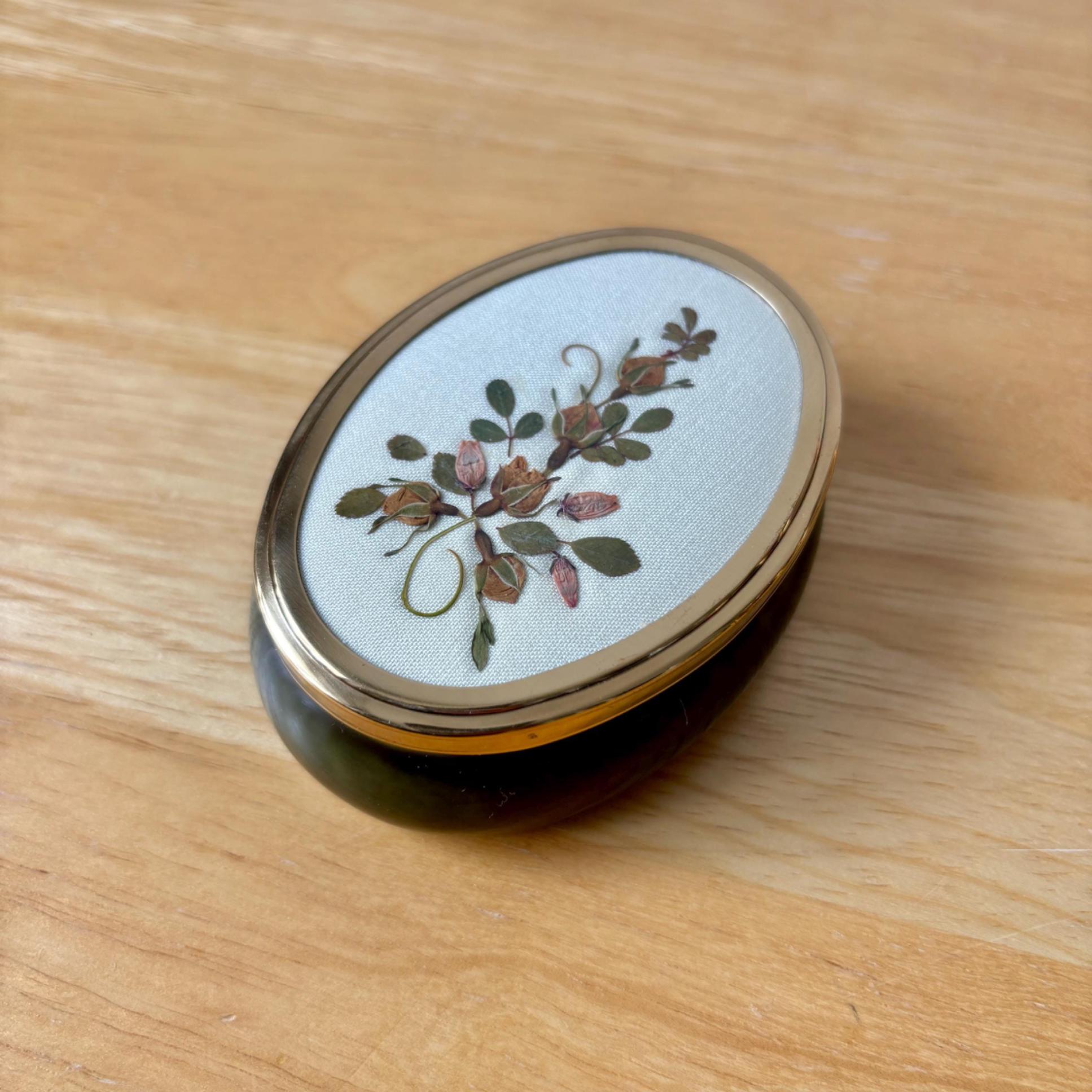 Vintage Ceramic Trinket Box: Pressed Flowers on Silk Lid