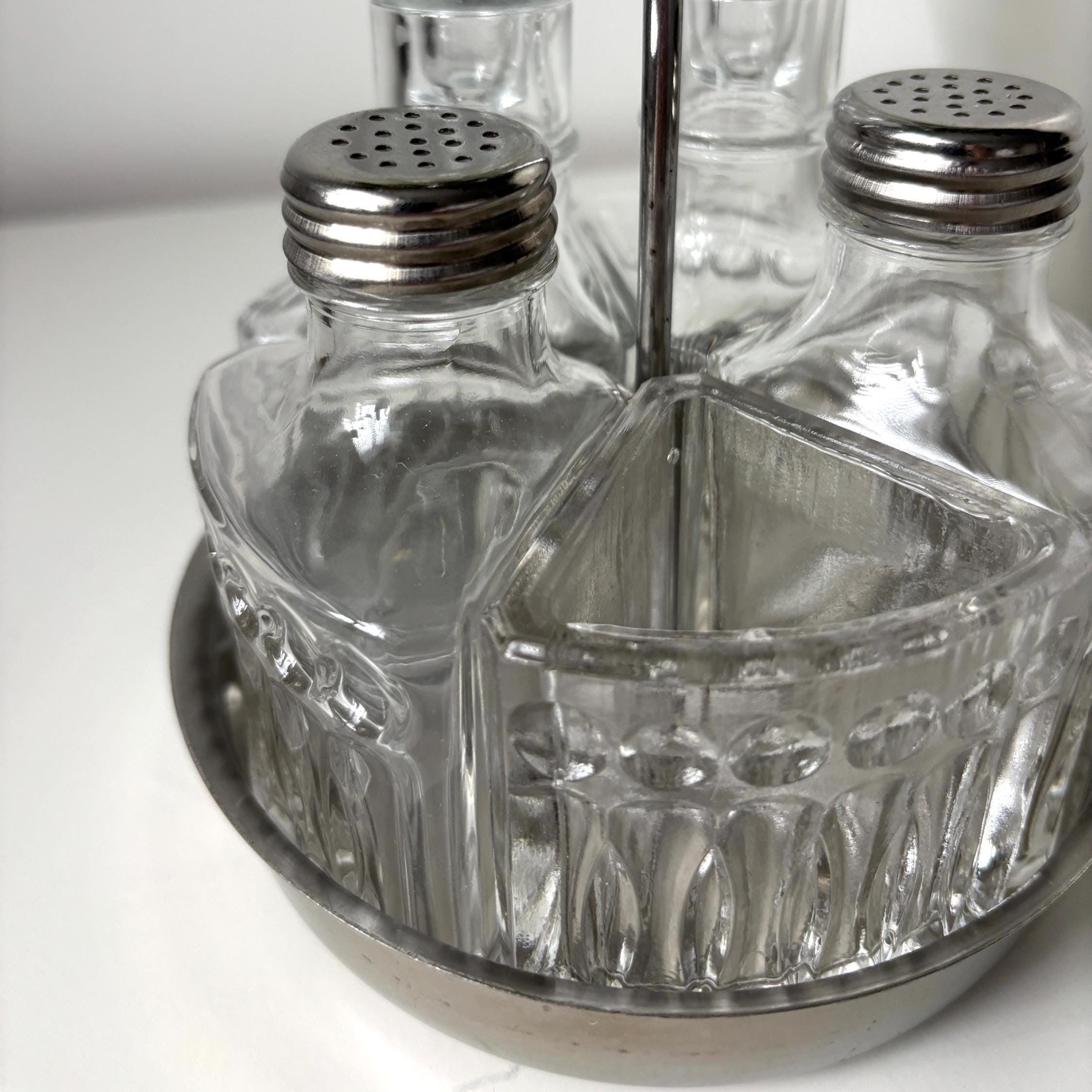 Vintage 5pc Cruet Set INOX 18/8 Stand Oil Vinegar Salt Pepper Toothpick Holder