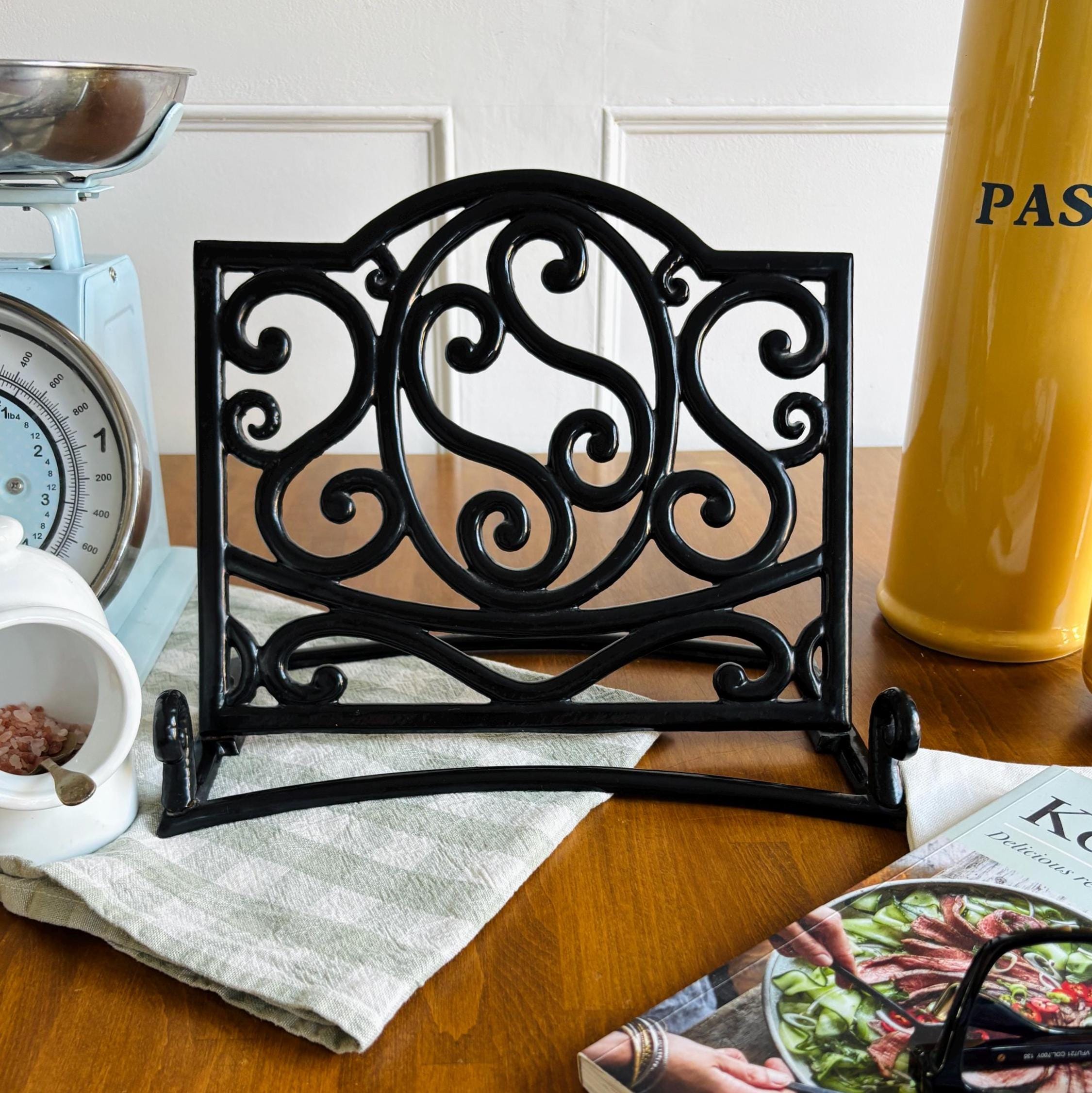 Vintage Wrought Iron Cookbook Stand Black Scrollwork Recipe Holder Kitchen Display Easel Decor