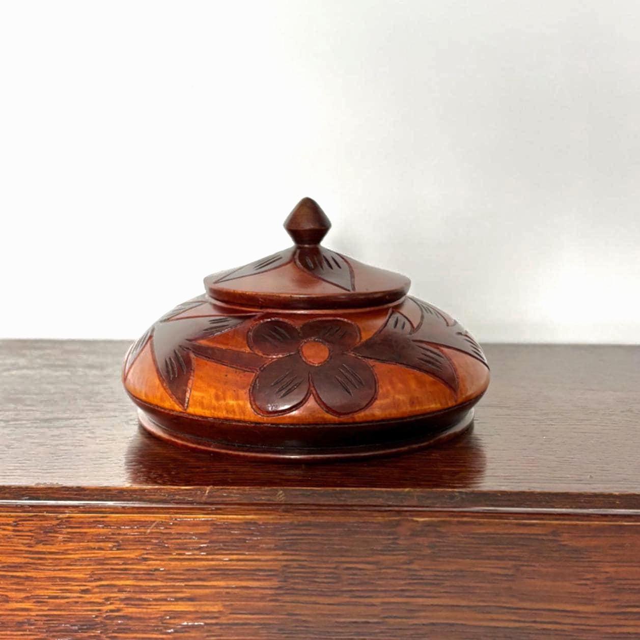 Vintage Hand-Carved Wooden Trinket Pot with Lid | Floral Folk Art | Two-Tone Hardwood