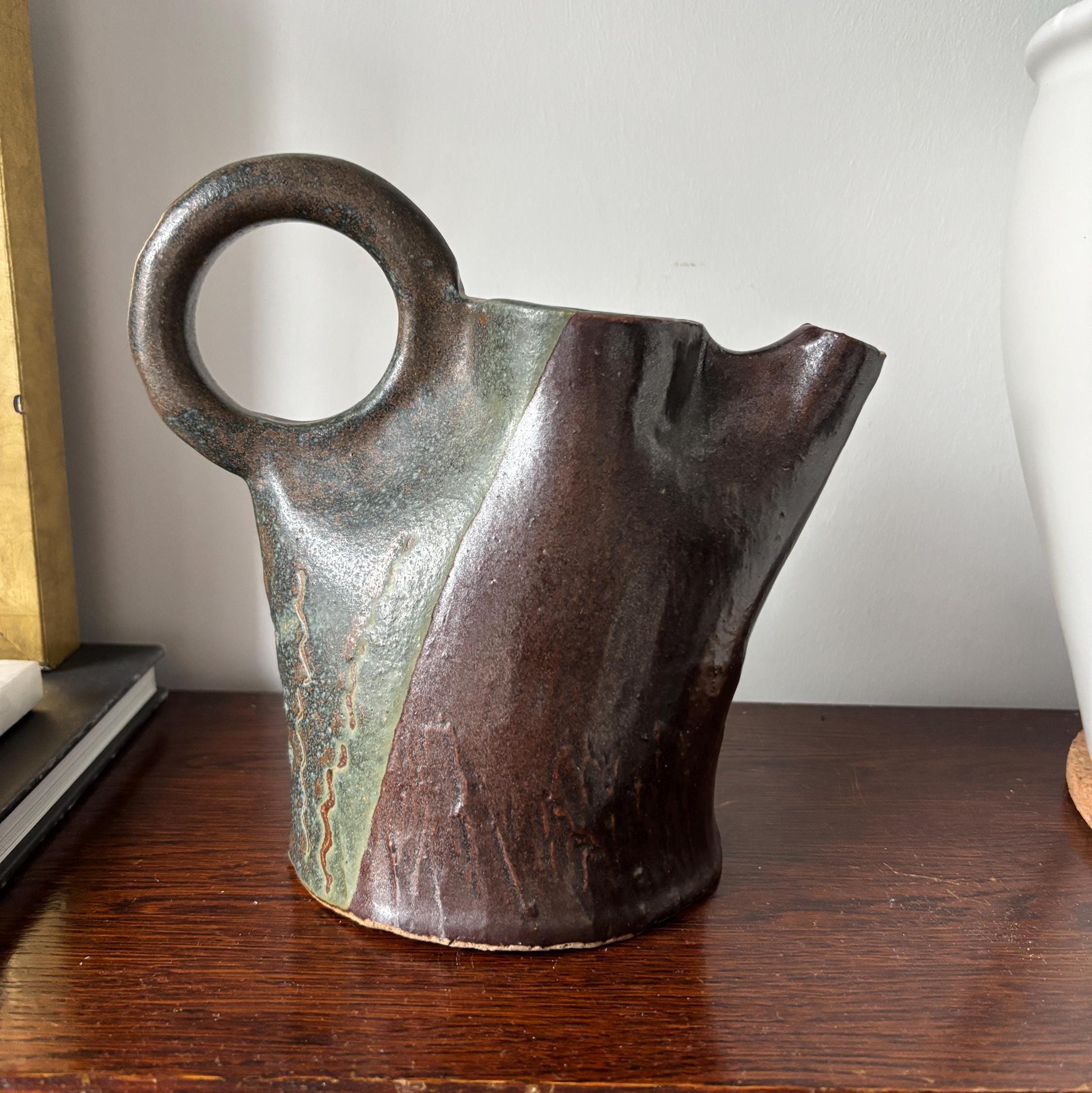 Vintage Studio Pottery Jug Sculptural Ceramic Pitcher Mid Century Art Vase Rustic Decor