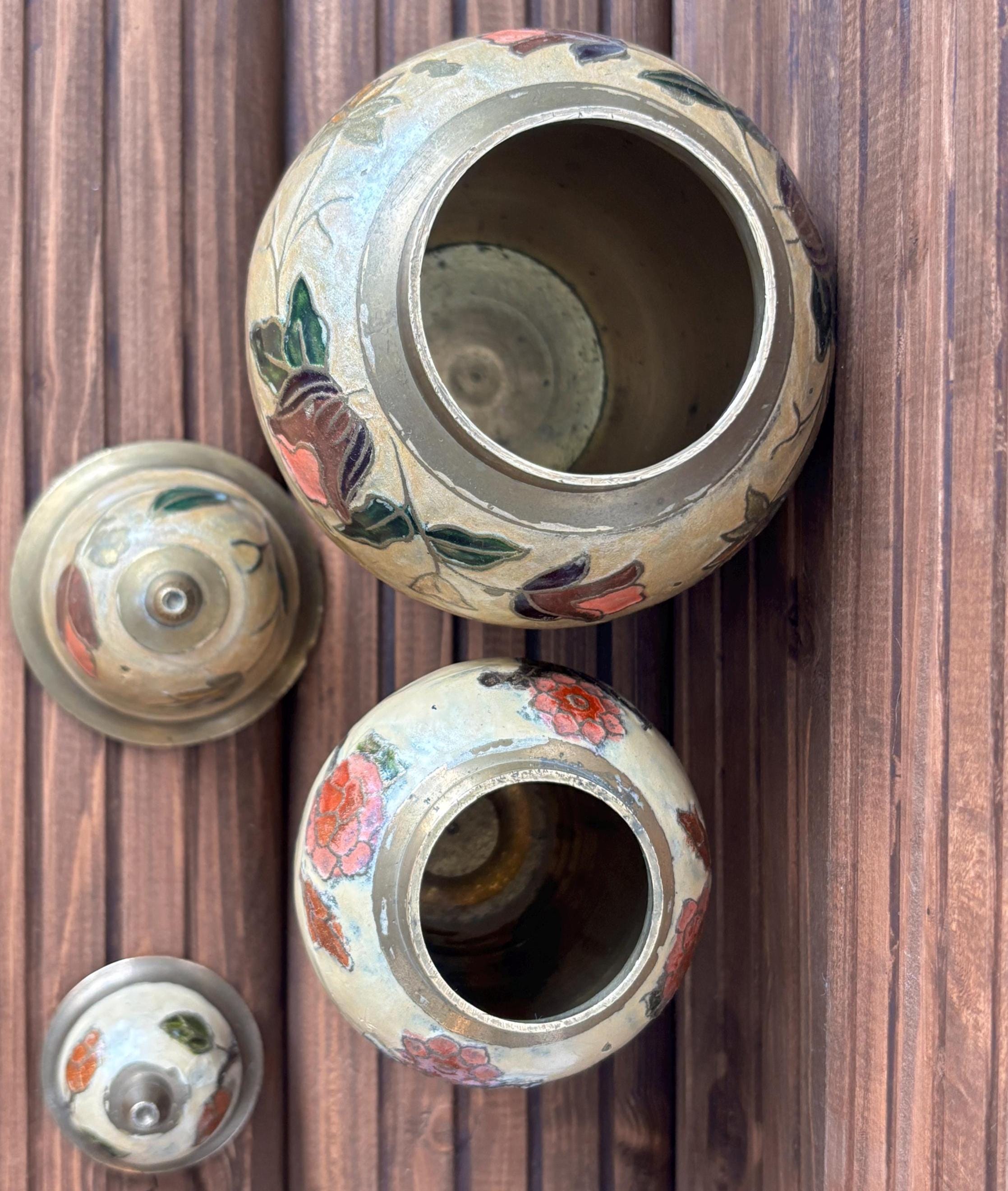 Vintage Brass Cloisonné Ginger Jar: Hand-Painted Floral Enamel