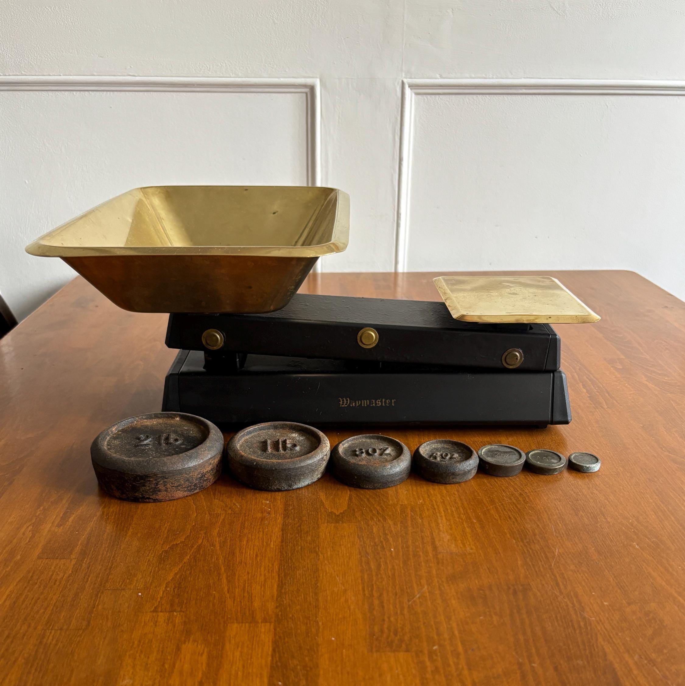 Vintage Waymaster Kitchen Scales with Brass Pan & 7 Original Weights