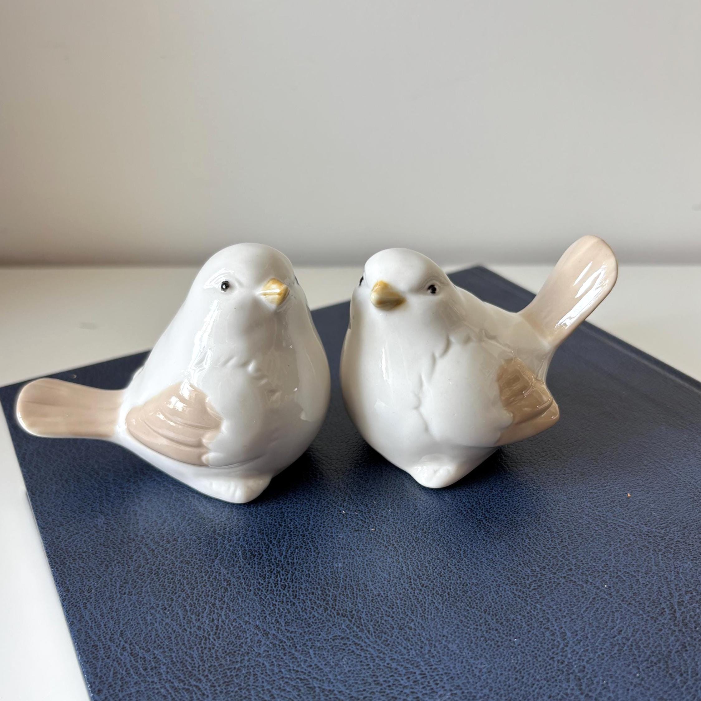 Vintage Ceramic Bird Figurines Pair White Porcelain Scandinavian Home Decor Shelf Ornament Set