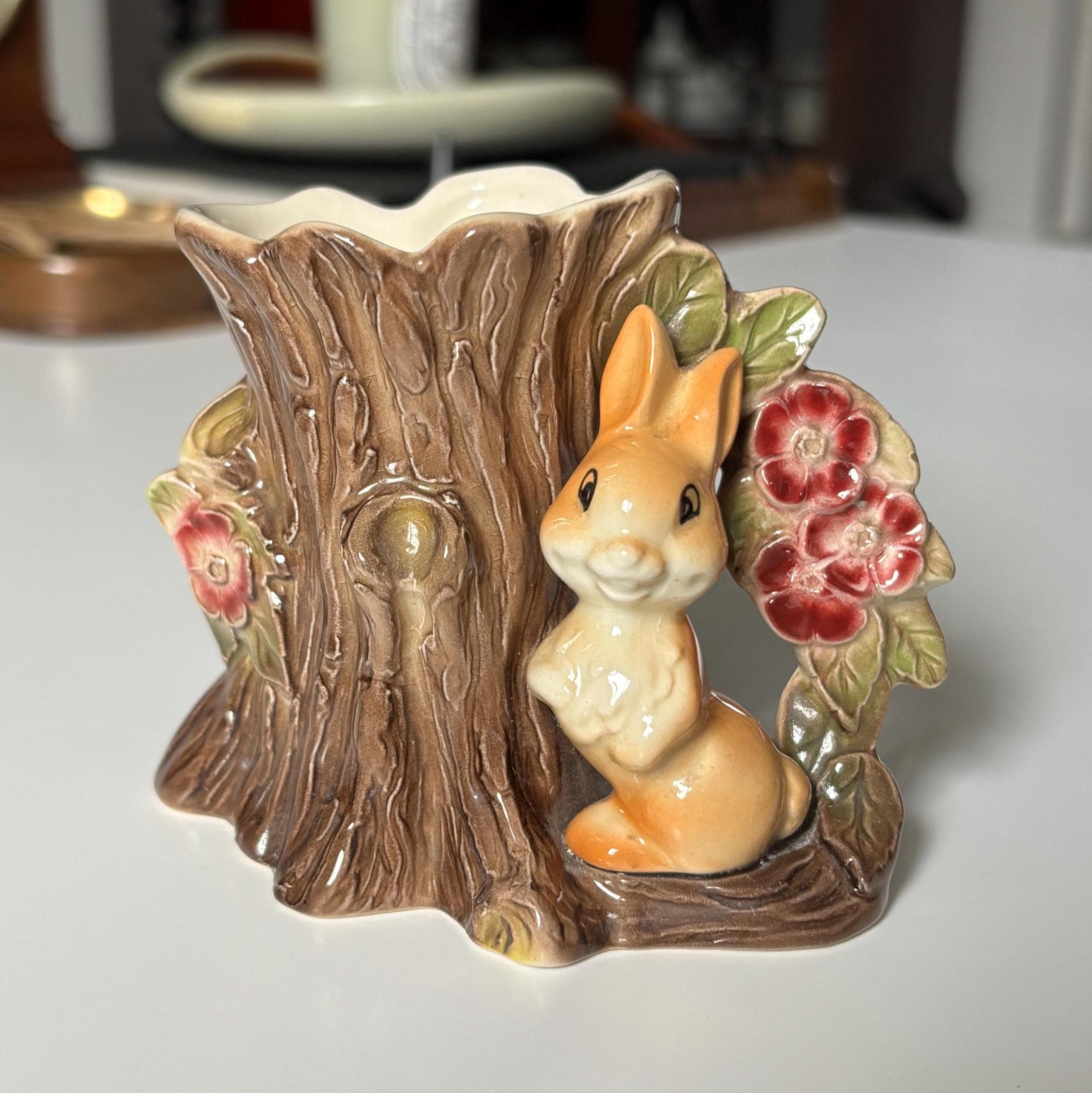 Vintage Hornsea Pottery Fauna Woodland Rabbit Vase Planter – Bunny Tree Stump Posy Holder