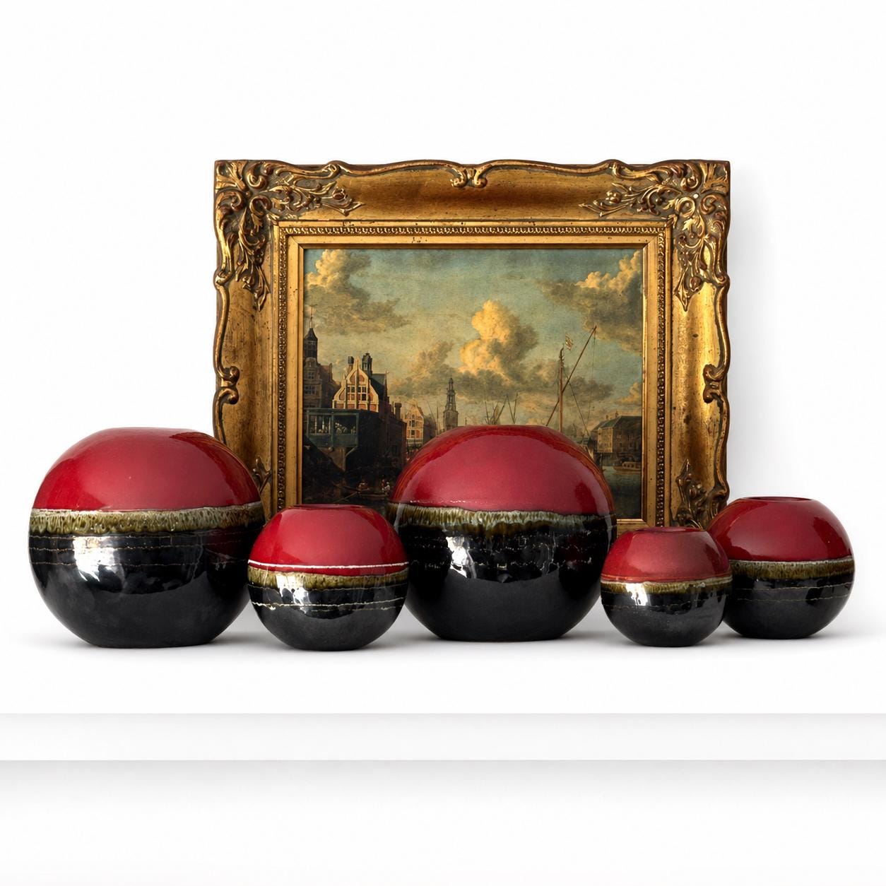 Vintage Portuguese Ceramic Candle Burners Set of 5 Red Black Glazed Tea-light Holders