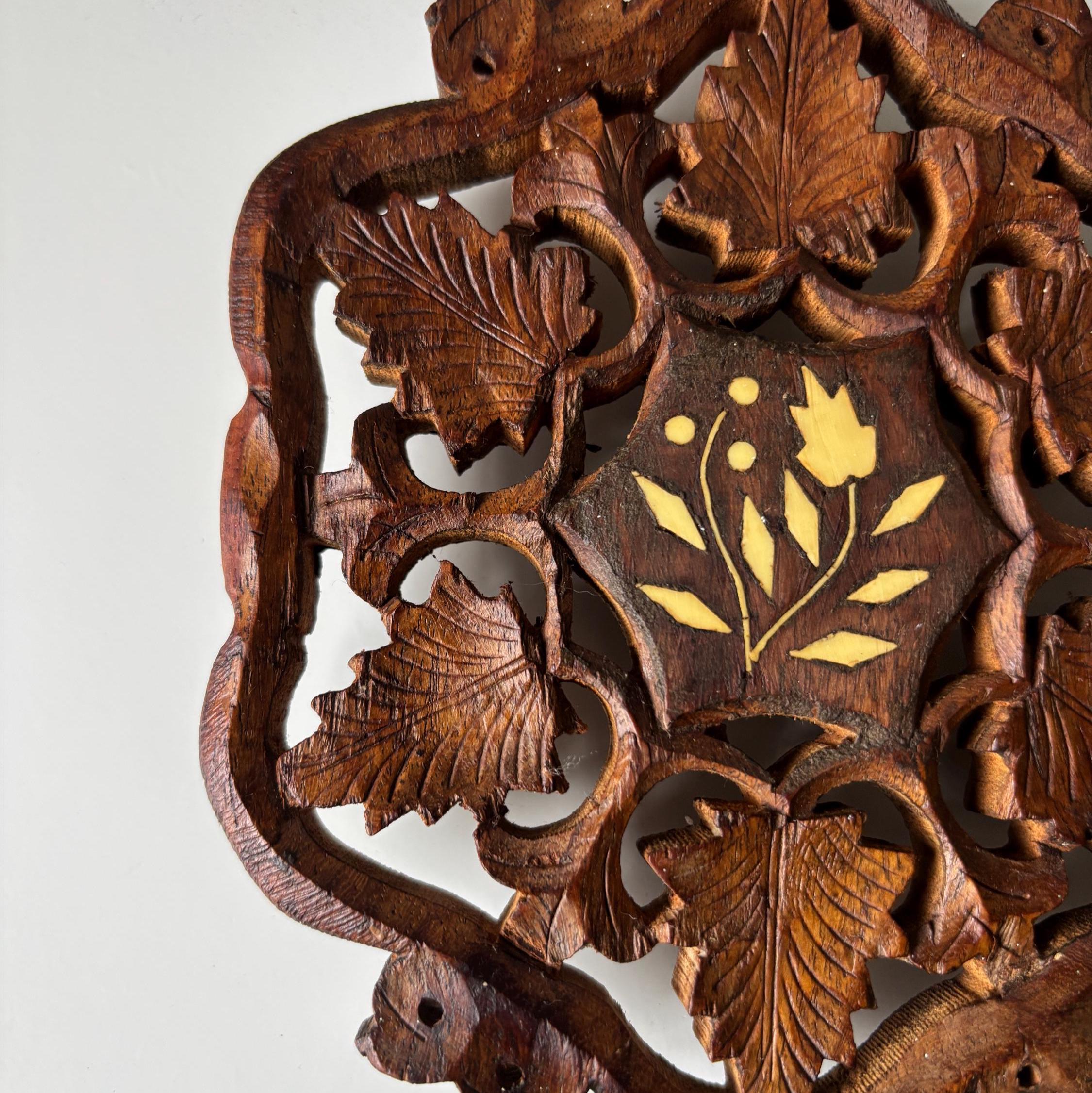 Vintage Hand Carved Wooden Trivet With Bone Inlay Grapevine Leaf Pot Stand Decor