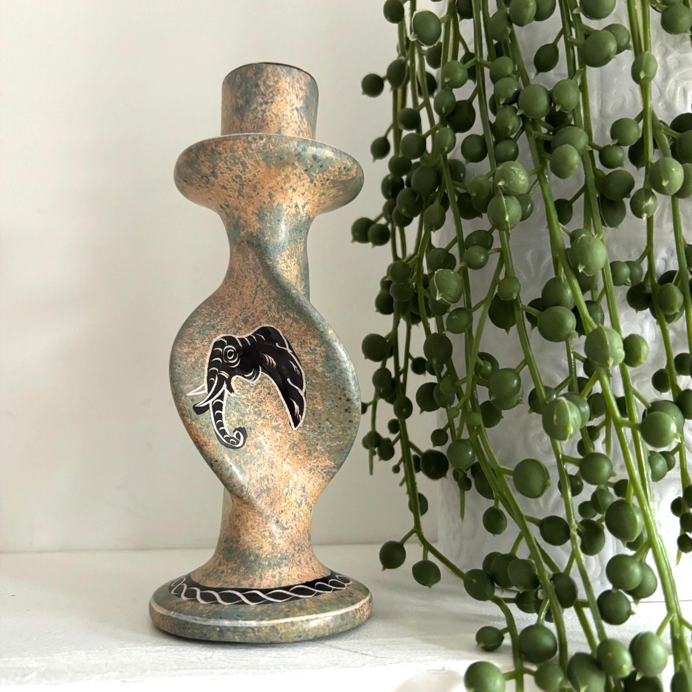Kisii Soapstone Safari Candlestick | Hand-Carved Kenya | Zebra, Elephant & Rhino | Barley-Twist Taper Holder