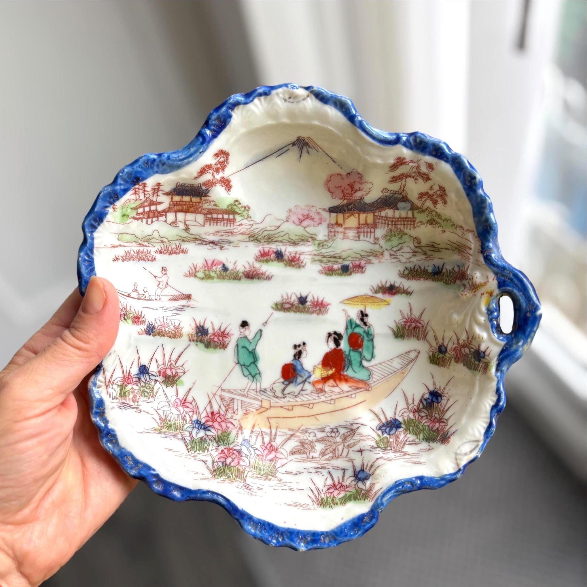 Vintage Japan Porcelain Dish Scenic Geisha Boat Mount Fuji Bowl