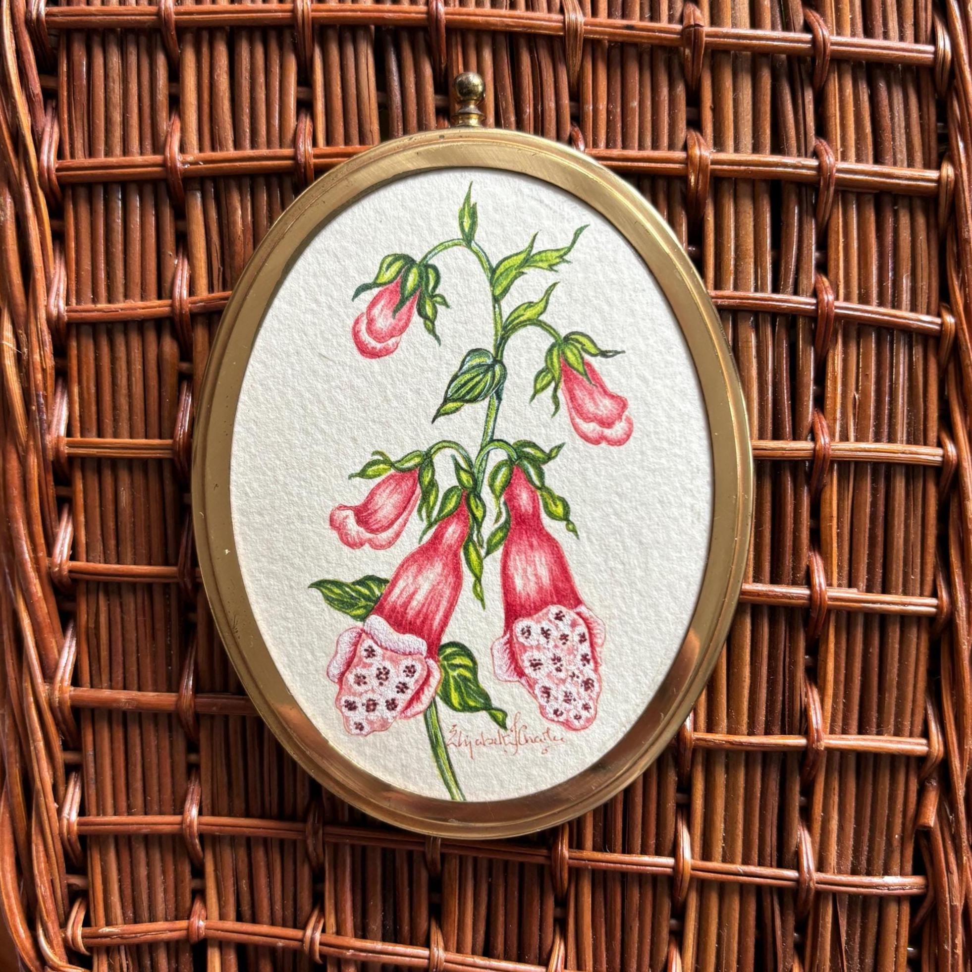 Miniature Foxglove Botanical Watercolour | Signed | Brass Tone Oval Frame
