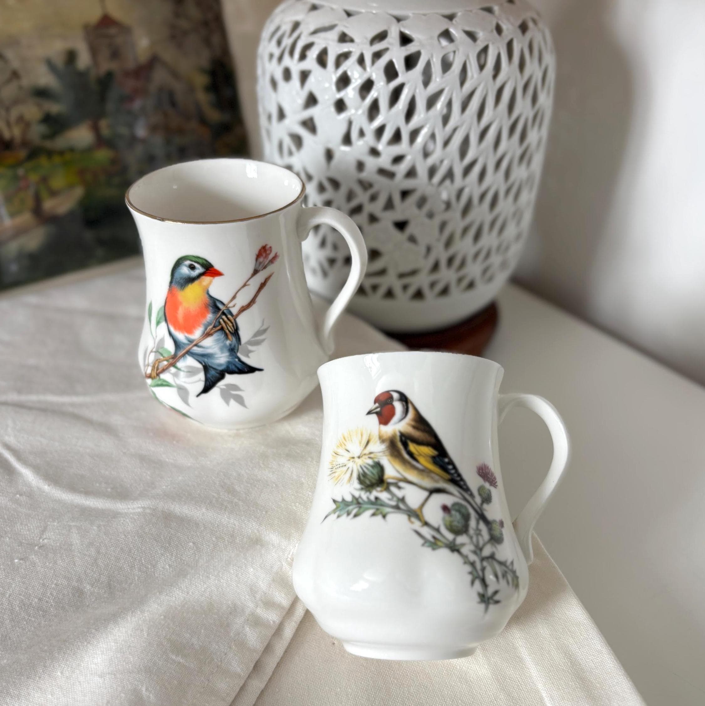 Vintage Bone China Bird Mugs Pair England Goldfinch Robin Tea Coffee Cups