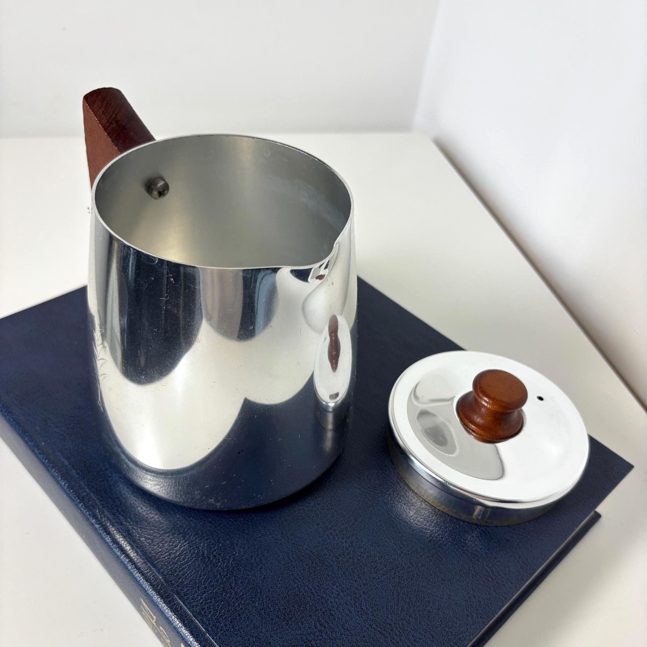 Vintage SONA Milk Jug Stainless Steel Teak Handle Mid Century Modern Coffee Pot England