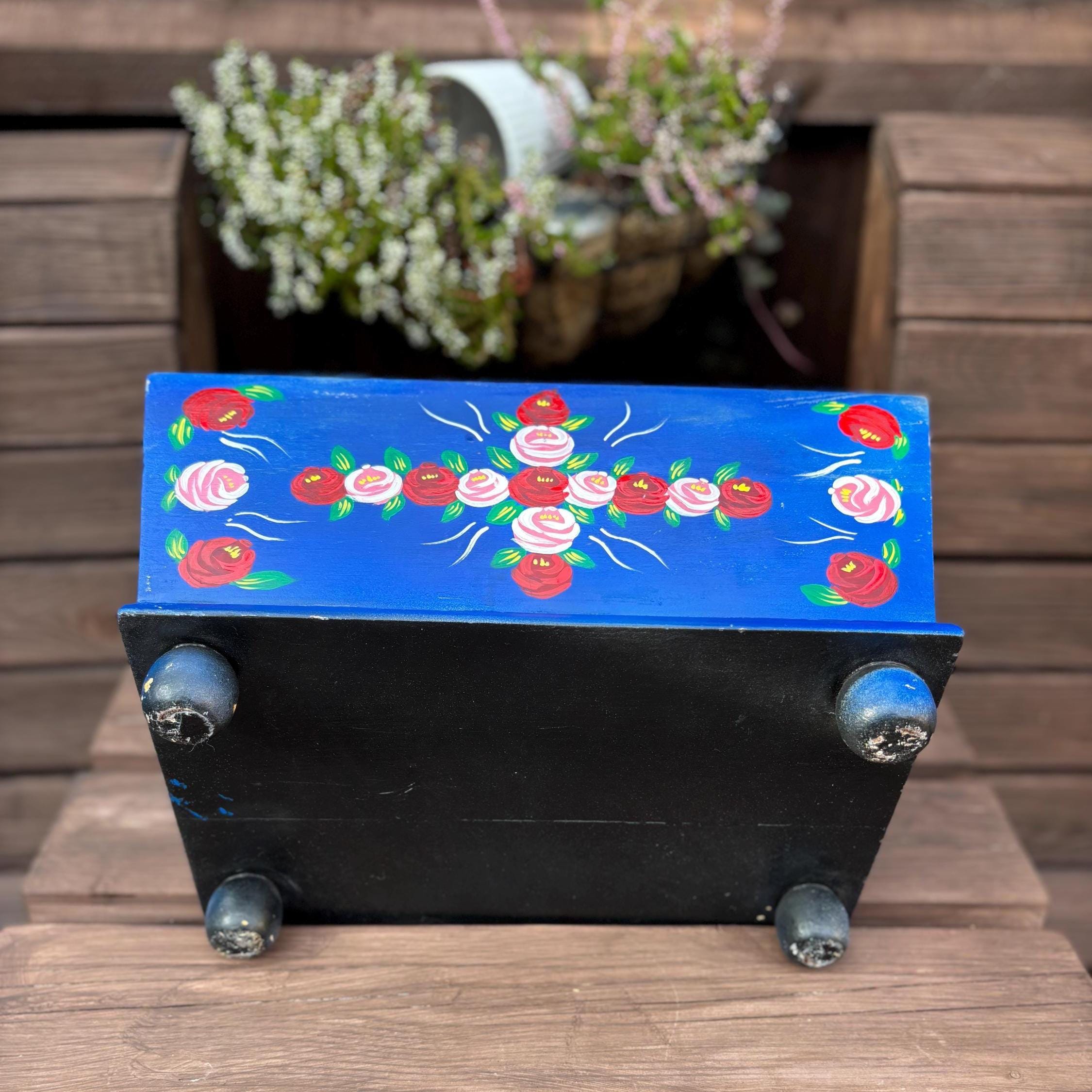 Hand-Painted Wooden Caddy | Folk Art Floral Storage Box