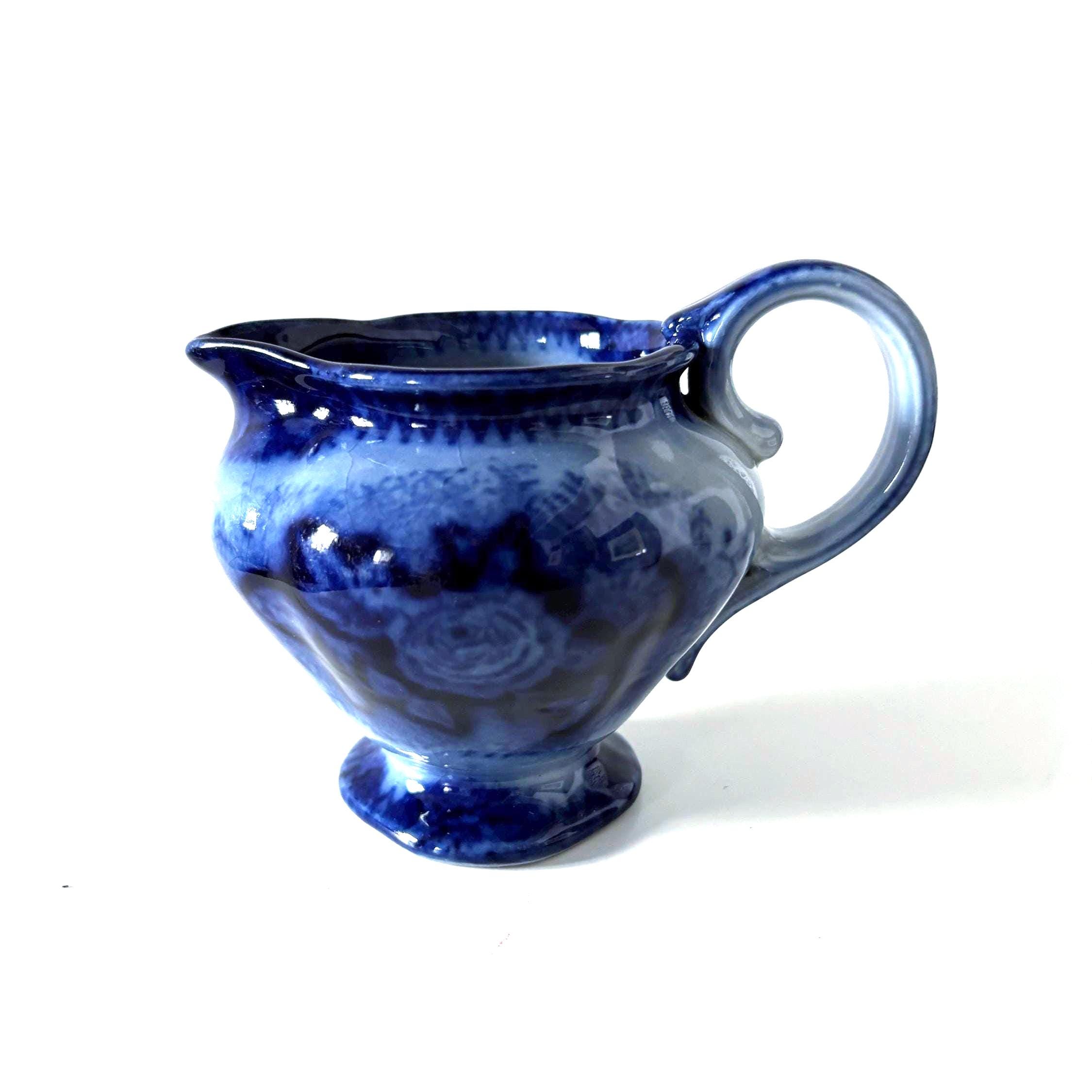 Vintage Blue and White Pottery Creamer Jug, Flow Blue Style Pedestal Milk Pitcher Floral