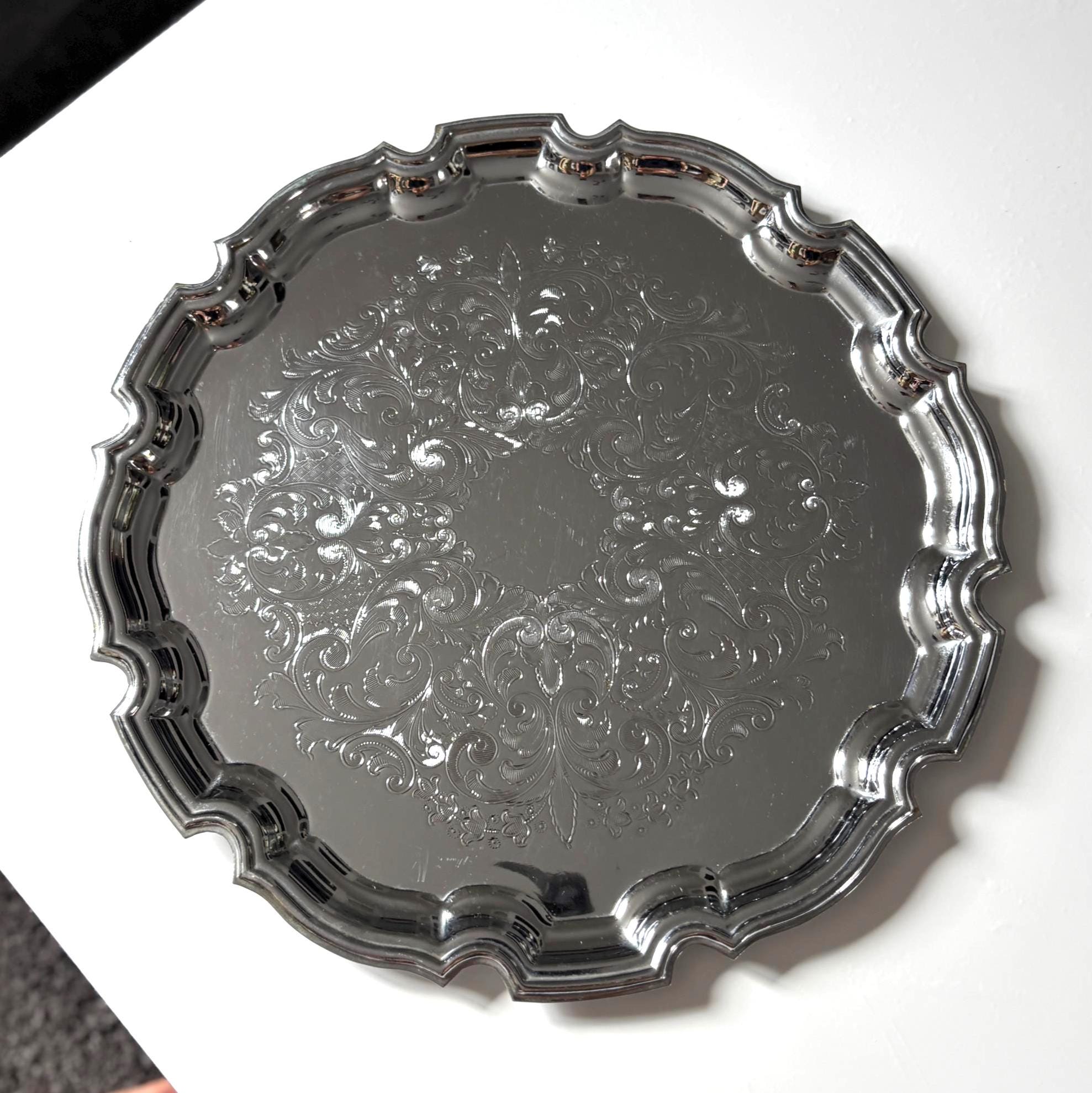Vintage English Silver Plated Gallery Tray Ornate Scalloped Serving Tray Made in England Round