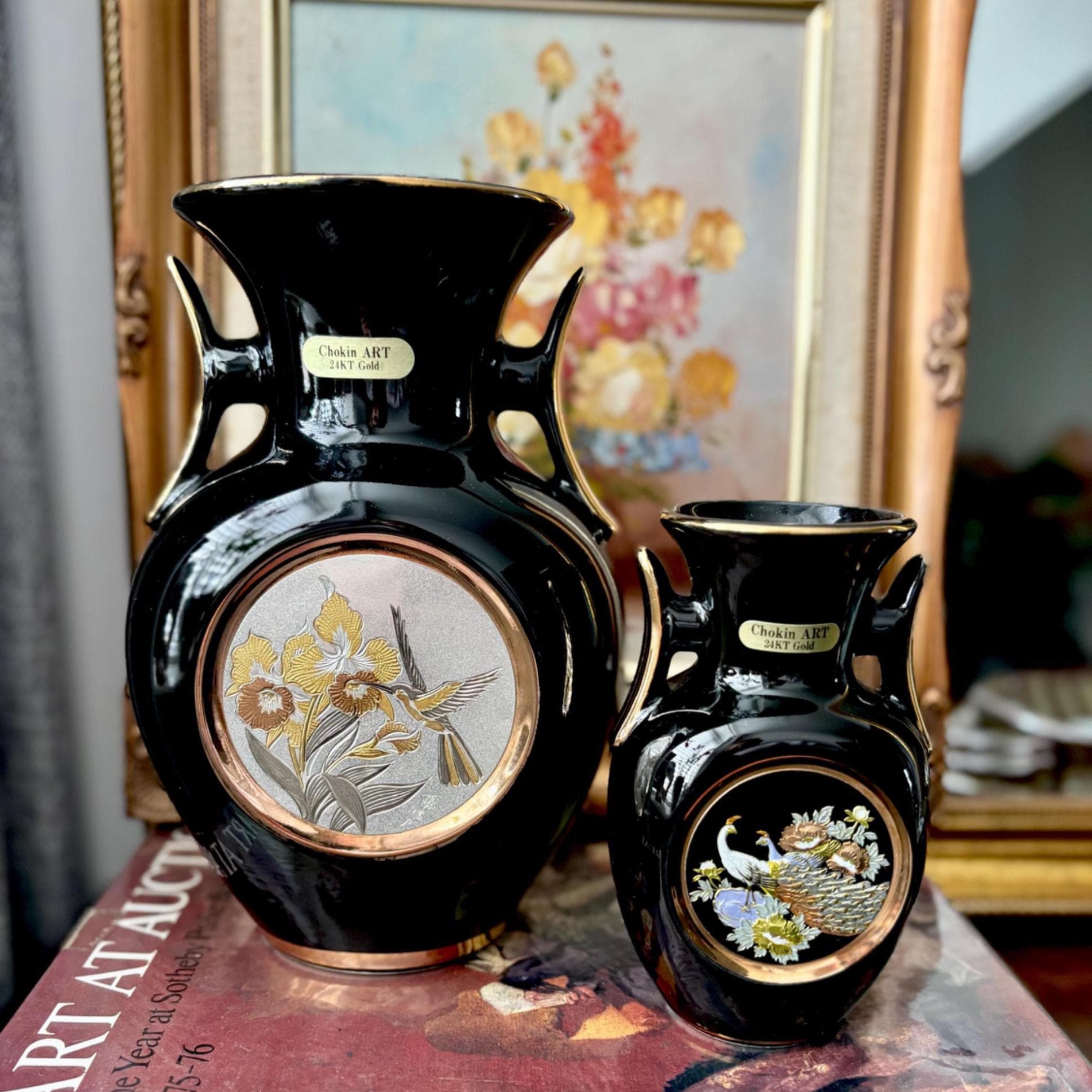 Art of Chokin Vase | Iris & Bird | Small Peacocks | 24k Gold Gilded | Japan