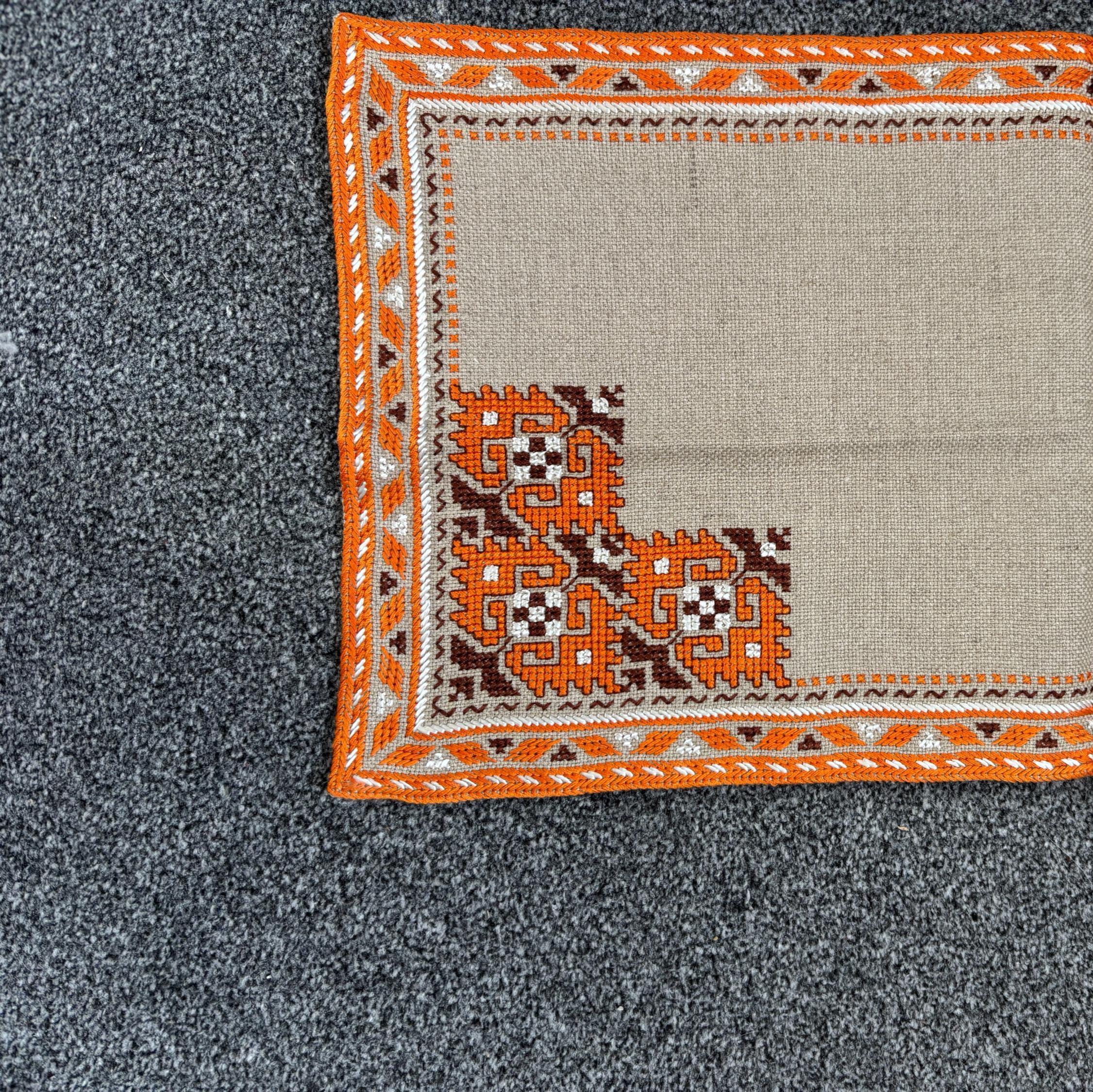 Vintage Bulgarian Hand Embroidered Linen Runner 56x26cm Orange Folk Border