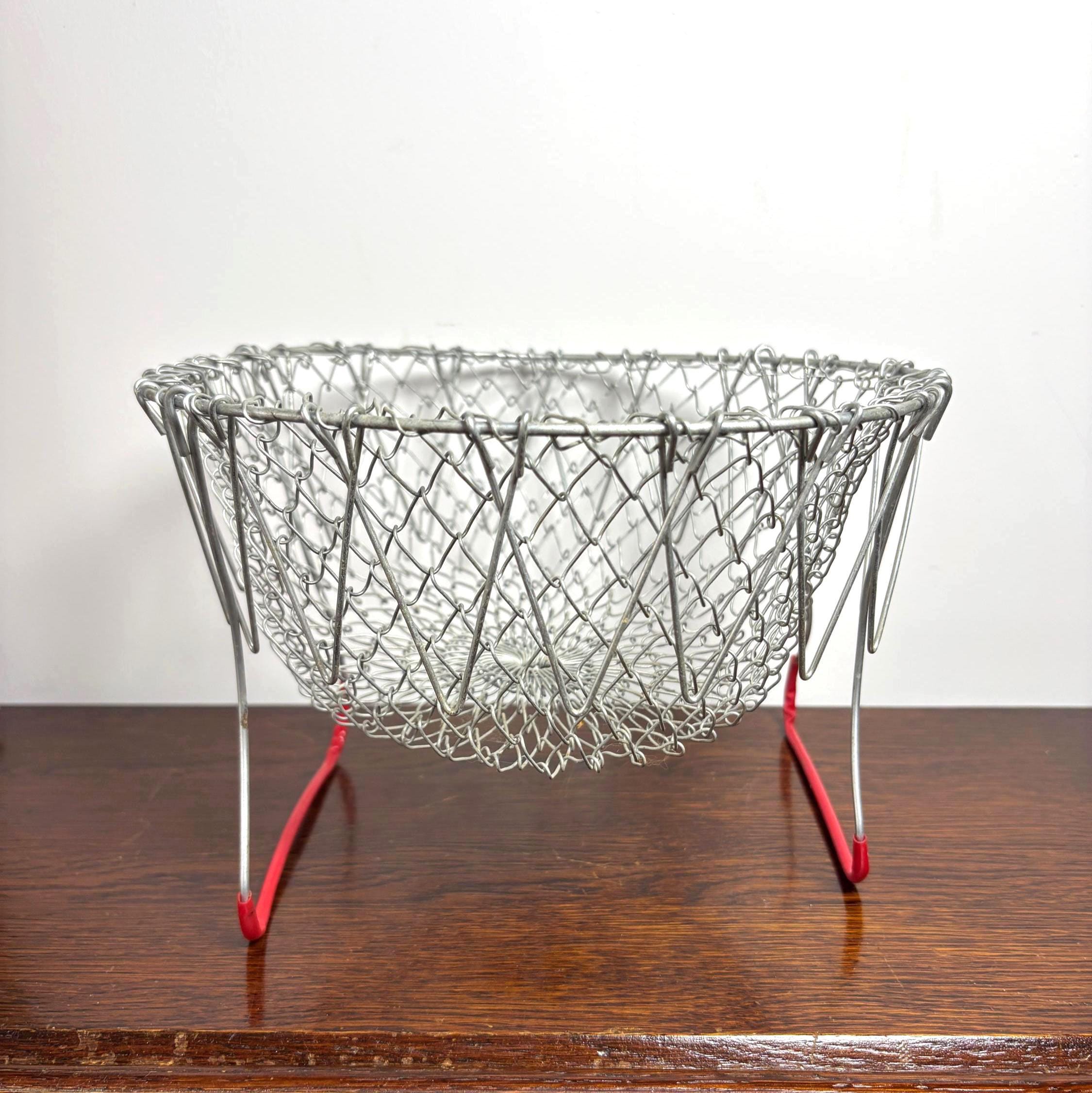 Vintage Collapsible Wire Egg Basket with Red Handle French Style Folding Market Basket