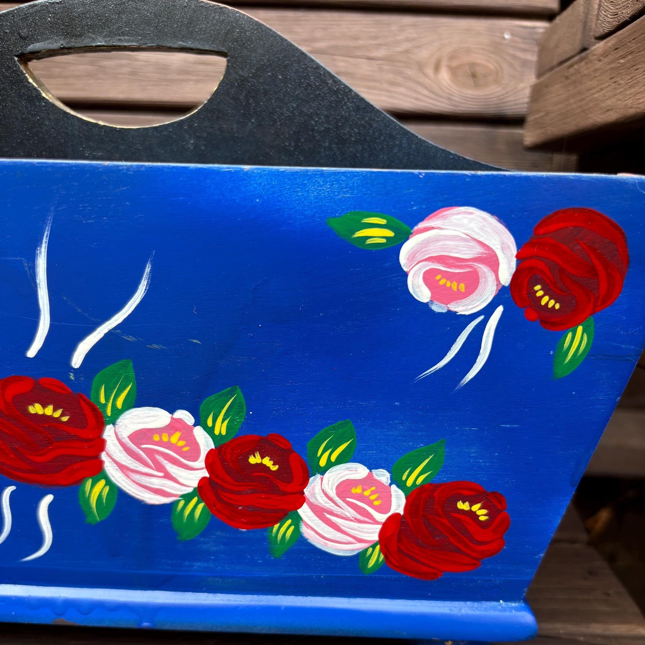 Hand-Painted Wooden Caddy | Folk Art Floral Storage Box