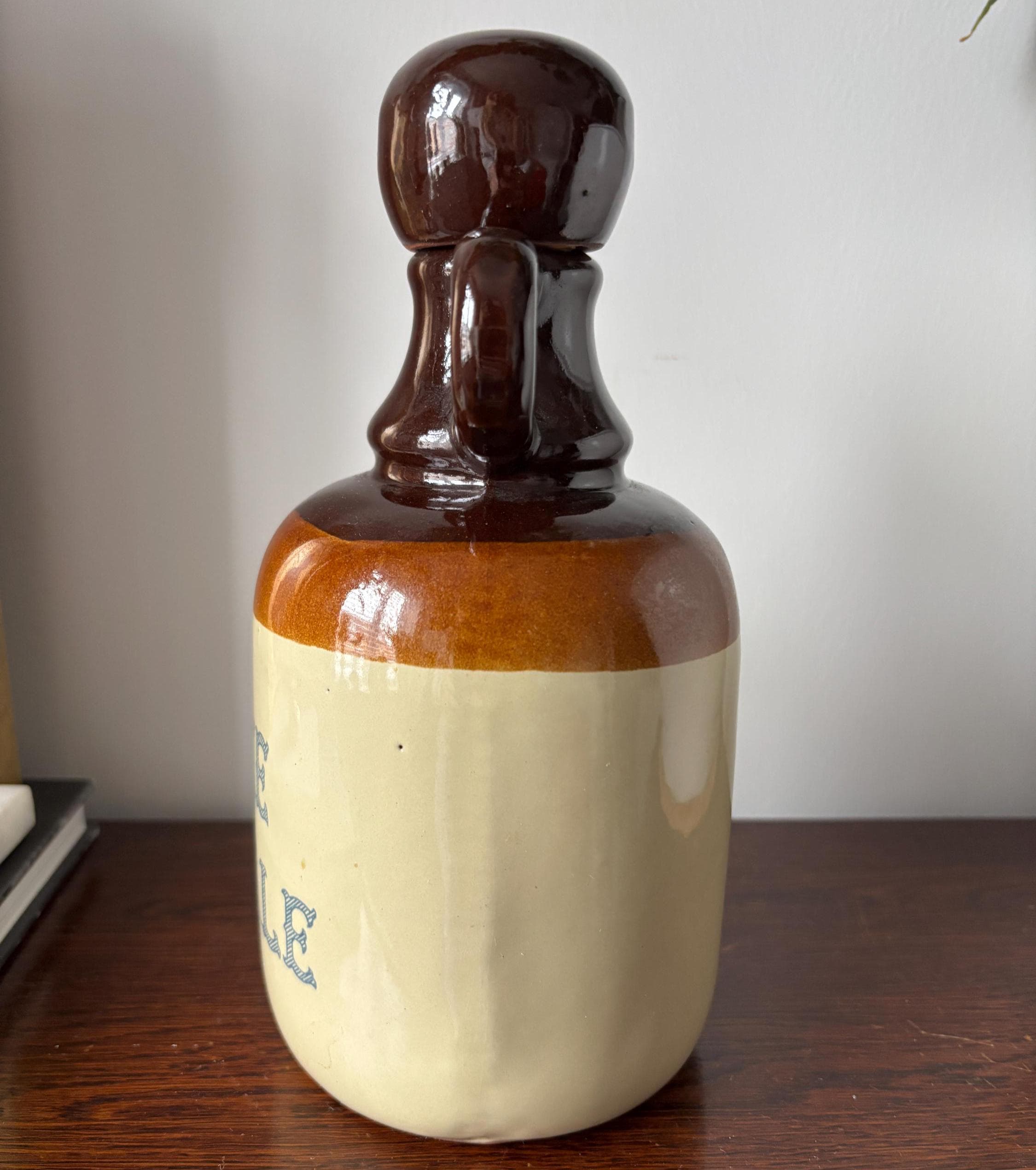 Vintage French Stoneware “Cuvée Spéciale” Bottle Decanter with Cork Stopper, Two-Tone Glaze