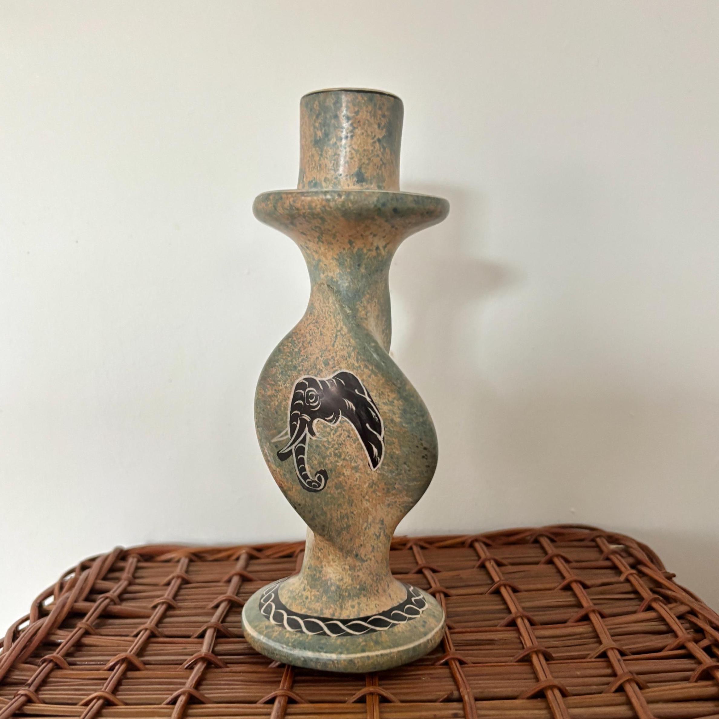 Kisii Soapstone Safari Candlestick | Hand-Carved Kenya | Zebra, Elephant & Rhino | Barley-Twist Taper Holder