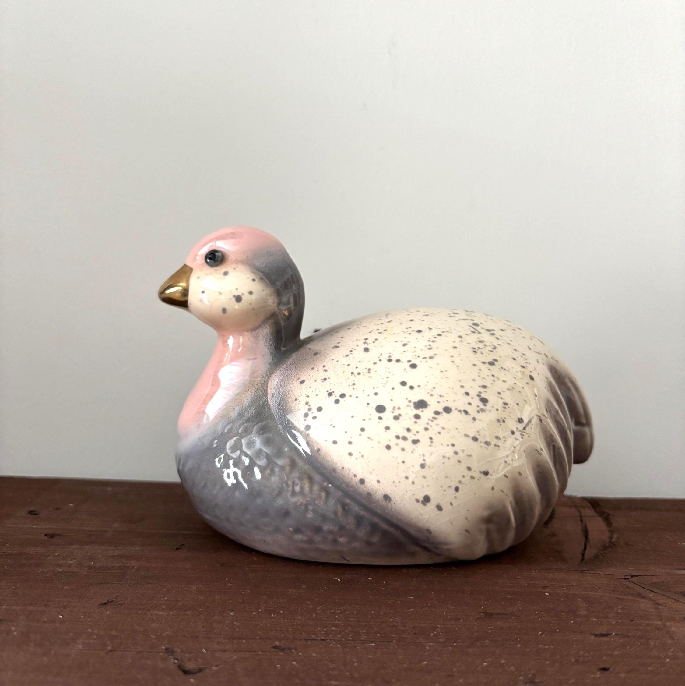 Vintage Ceramic Duck Figurine Glass Eyes Pink Grey Speckled Bird Ornament Large